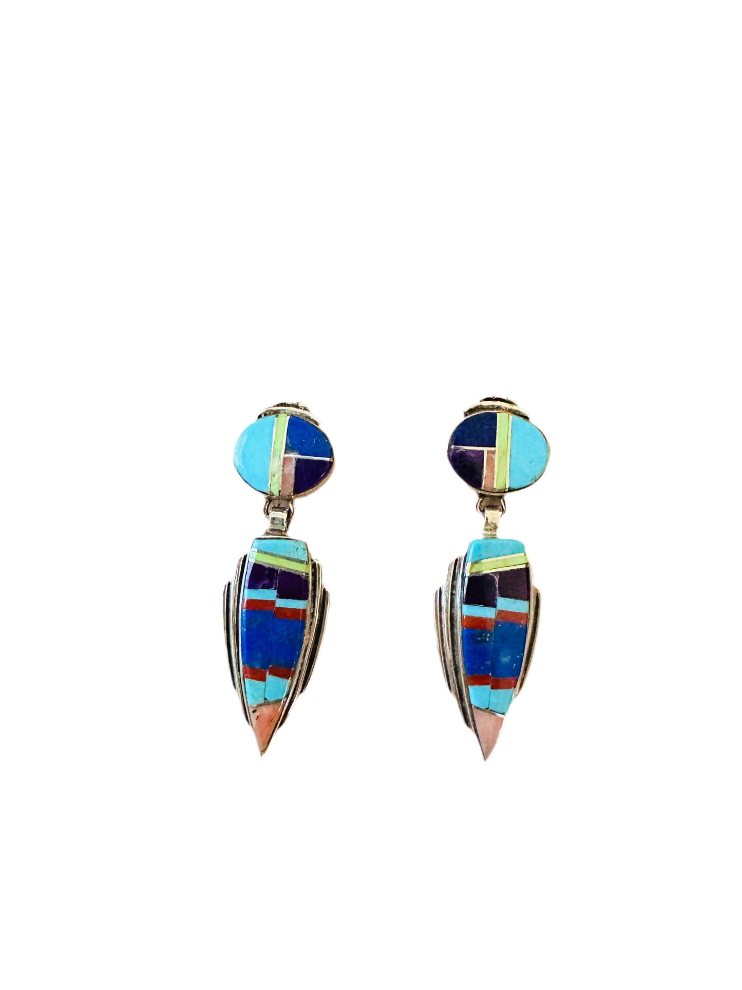 Old Pawn Handcrafted Sterling Silver & Multi Stone Inlay Dangle Earrings