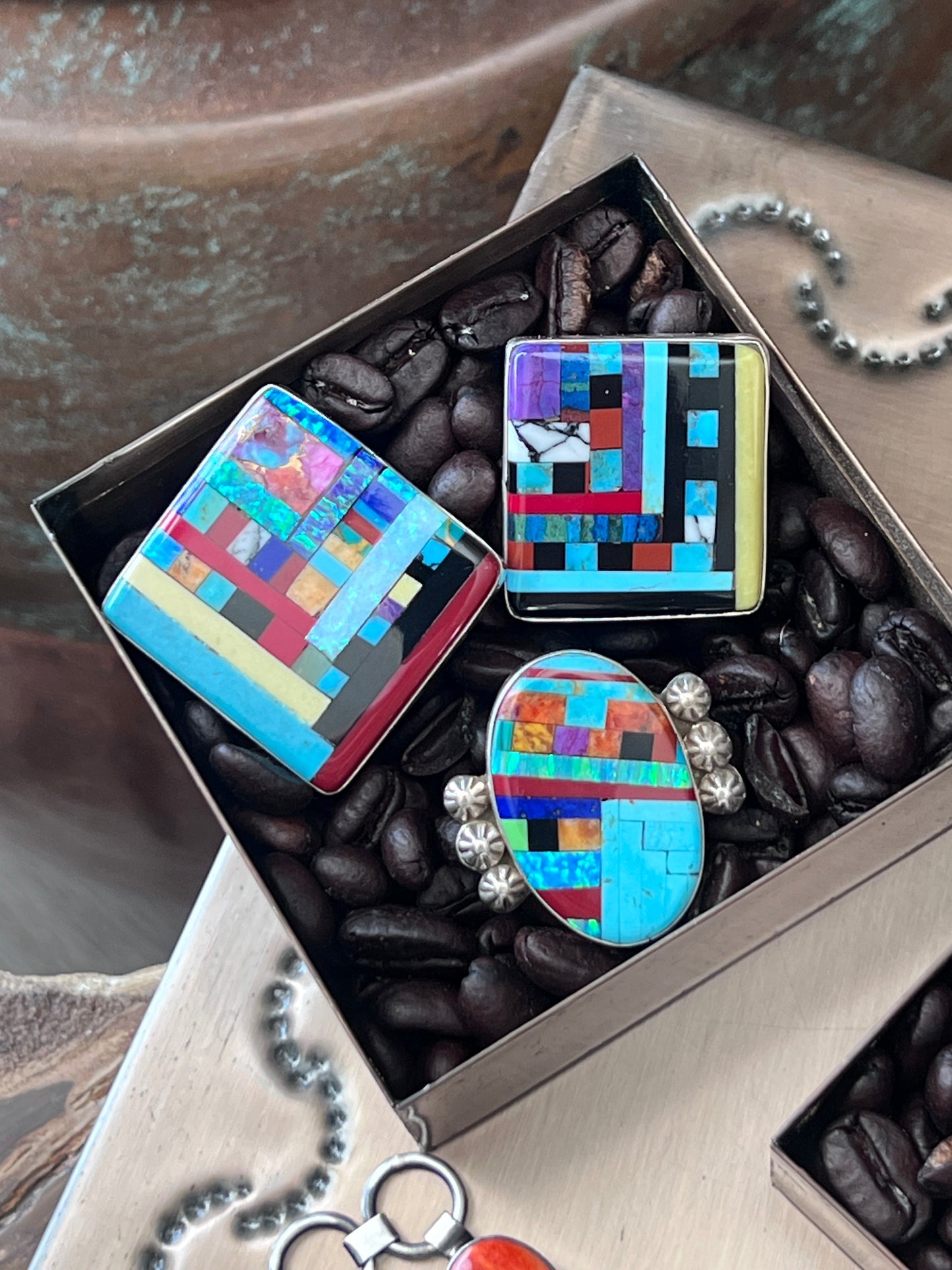 Ronald Chavez Electric Rainbow Sterling Silver Square Mosaic Multistone Ring, Size 9