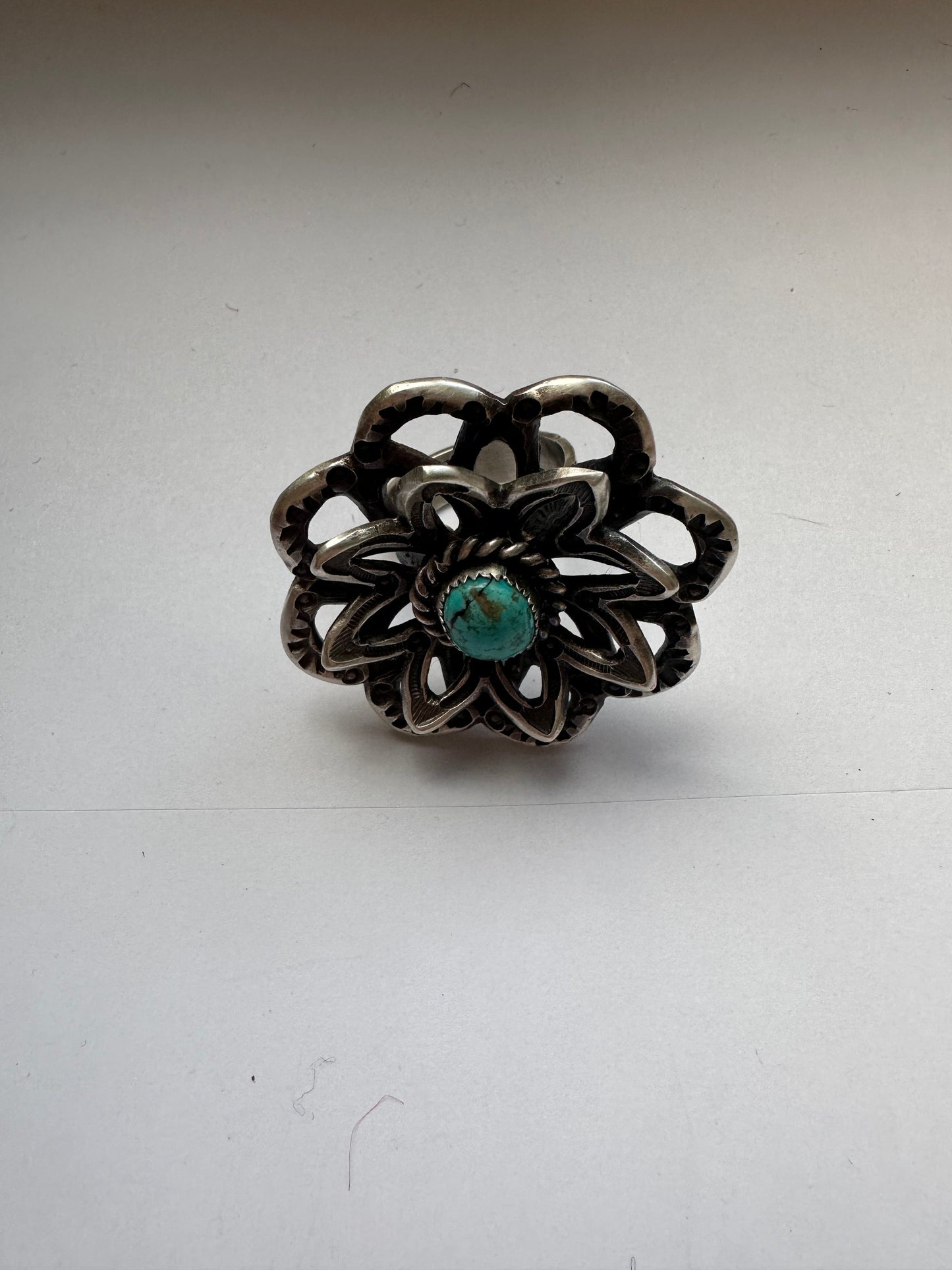 Gorgeous Navajo Turquoise And Sterling Silver Adjustable Flower Ring Signed K Billah
