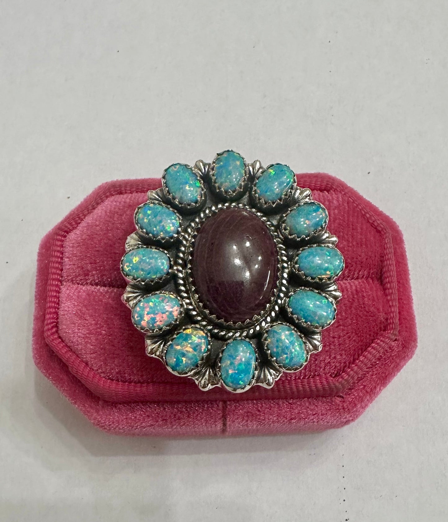 Handmade Purple Spiny, Light Blue Fire Opal And Sterling Silver Adjustable Ring Signed Nizhoni