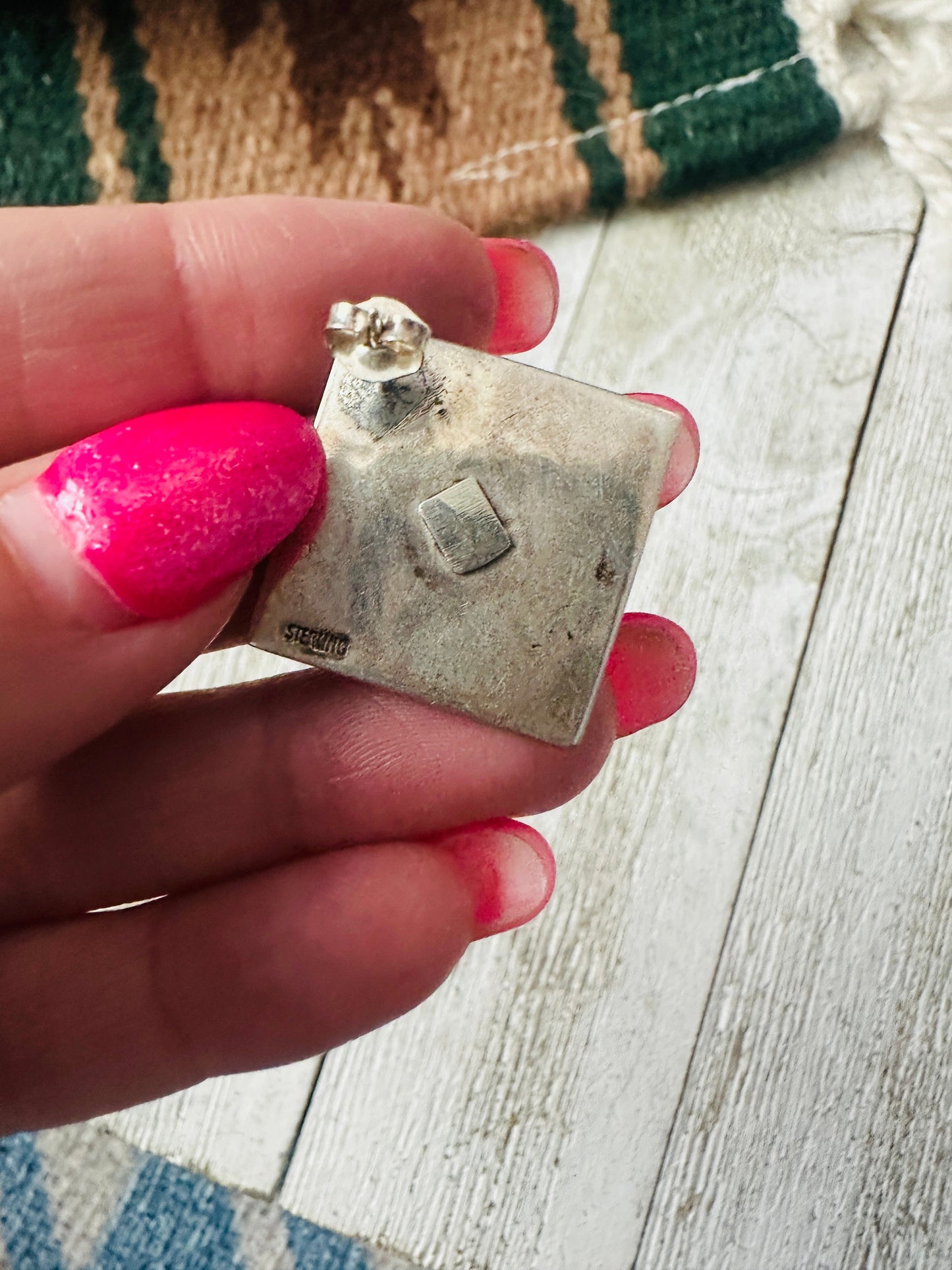 Old Pawn Mother of Pearl & Sterling Silver Inlay Earrings