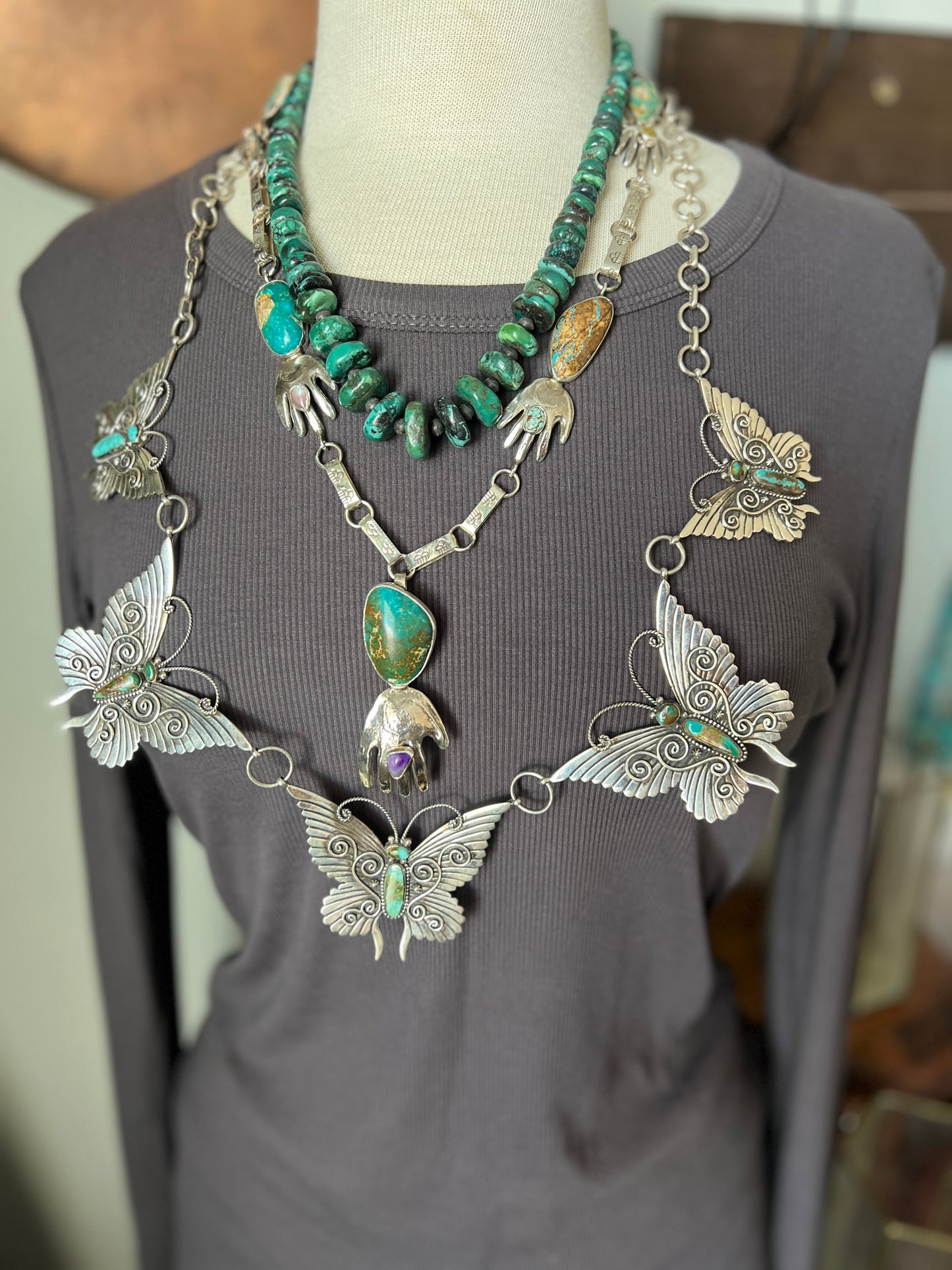 Jay Leon Coriz Handcrafted Sterling Silver and Royston Turquoise Healing Hand Station Necklace