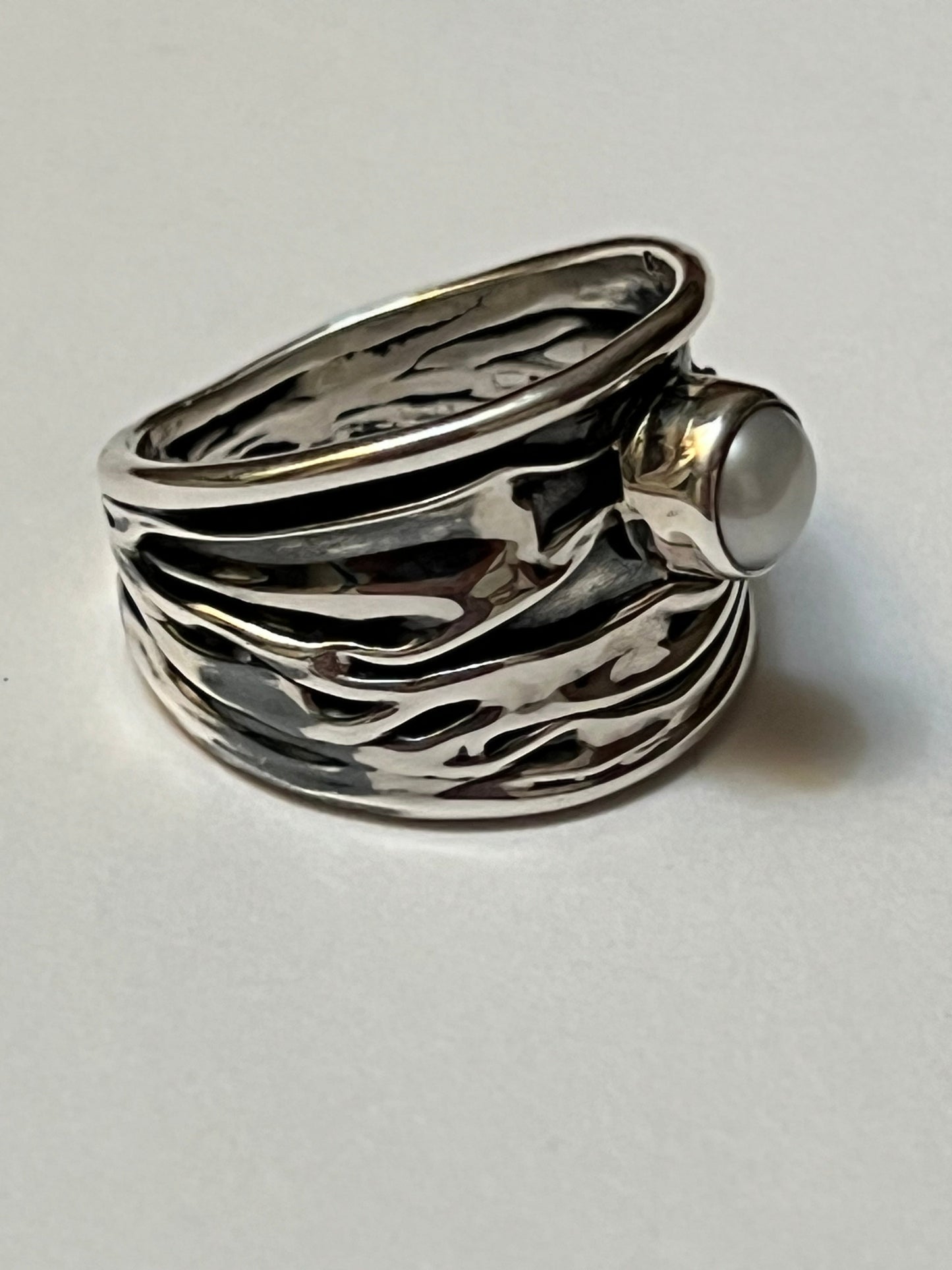 Corrugated Sterling Silver Ring w/ Pearl Cabochon