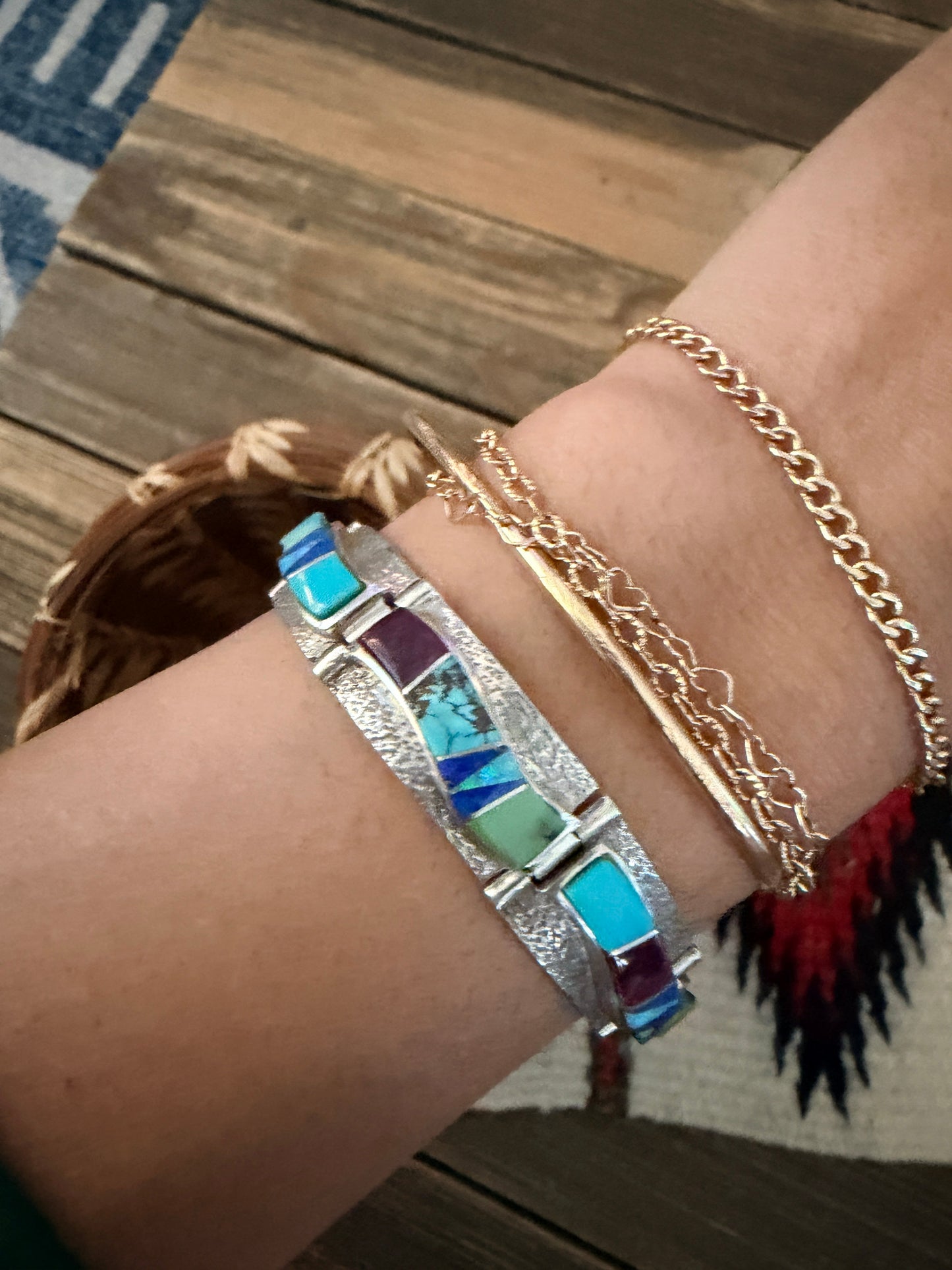 Handcrafted Old Pawn Sterling Silver & Multi Stone Inlay Link Bracelet