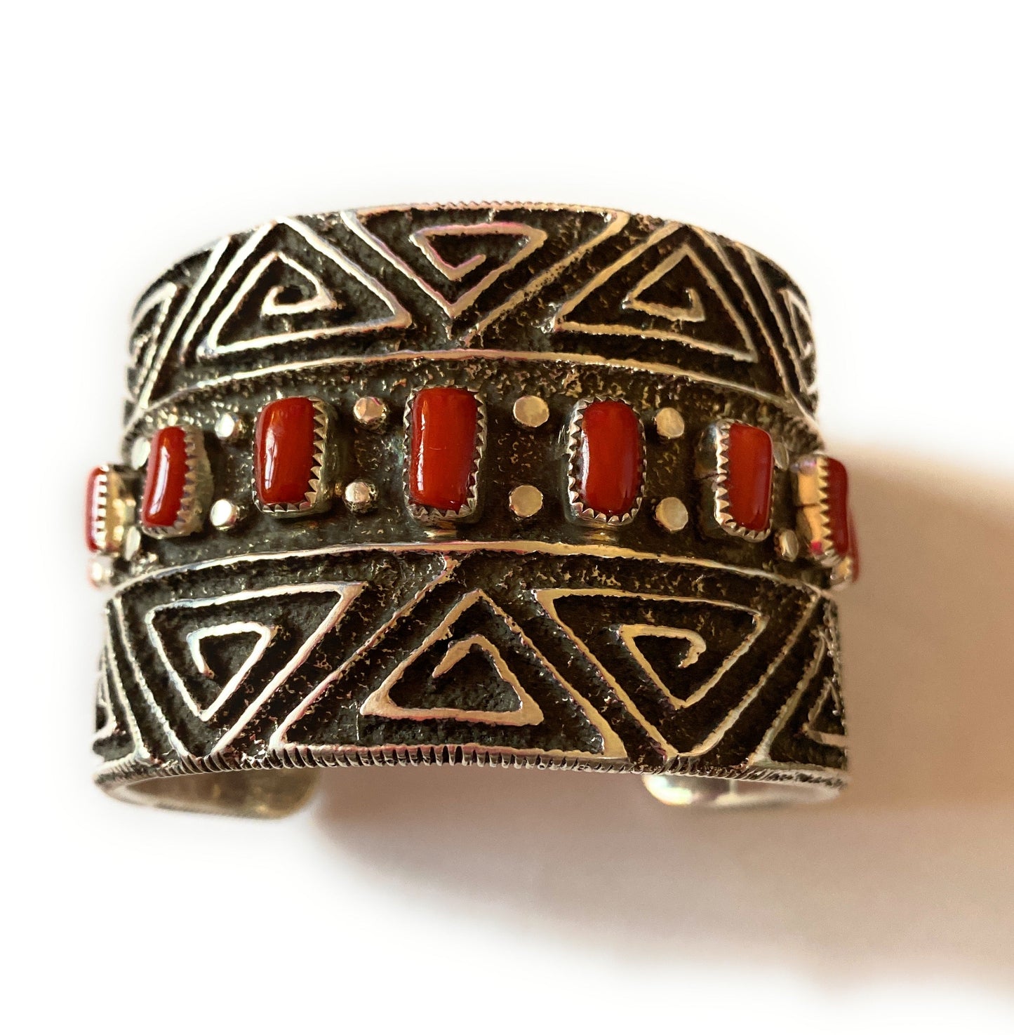 Handcrafted Coral & Sterling Silver Cuff Bracelet By Steve Arviso /