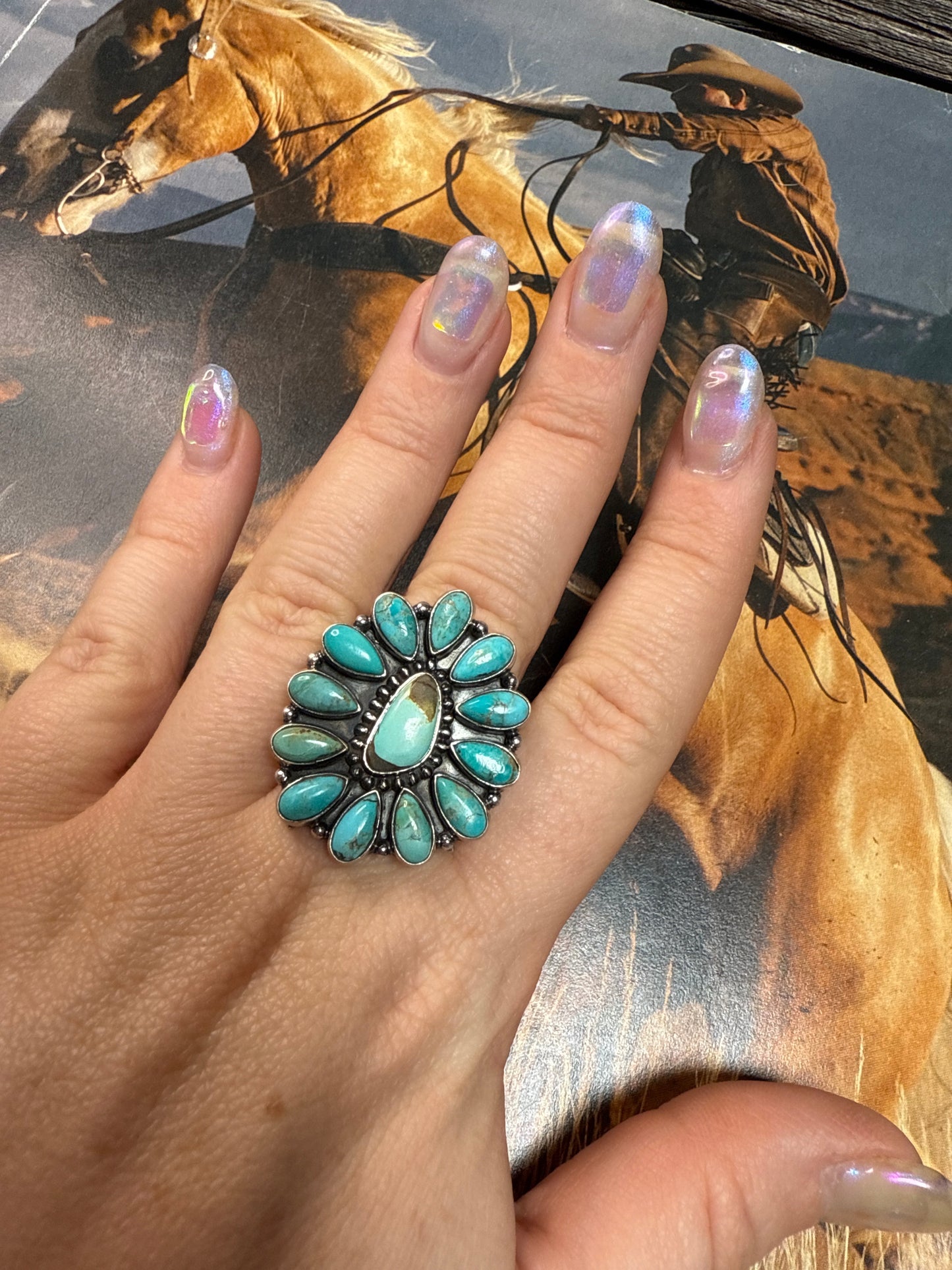 Handmade Sterling Silver, Kingman Turquoise, Ribbon Turquoise Adjustable Ring