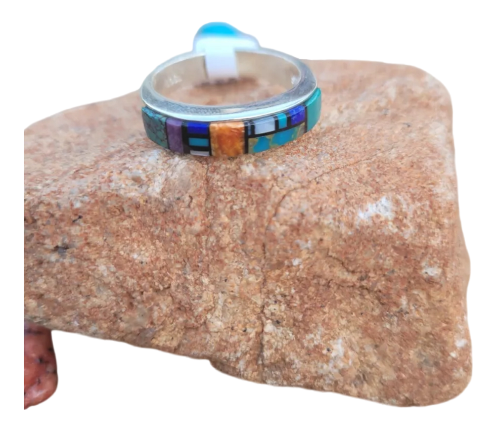 Handcrafted Sterling Silver & Multi Stone Inlay Band Ring Size 12.5