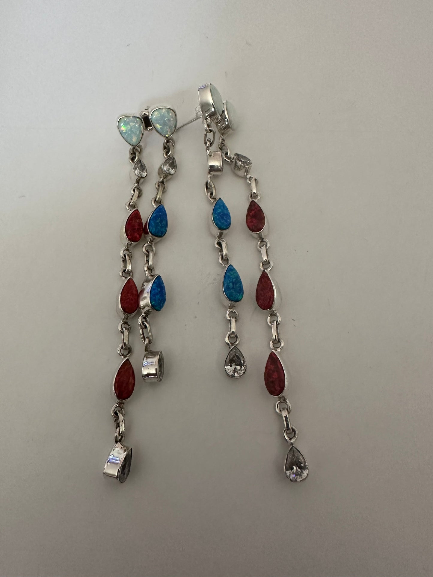 4th Of July Handmade Red, White & Blue Fire Opal and Sterling Silver Double Strand Statement Earrings
