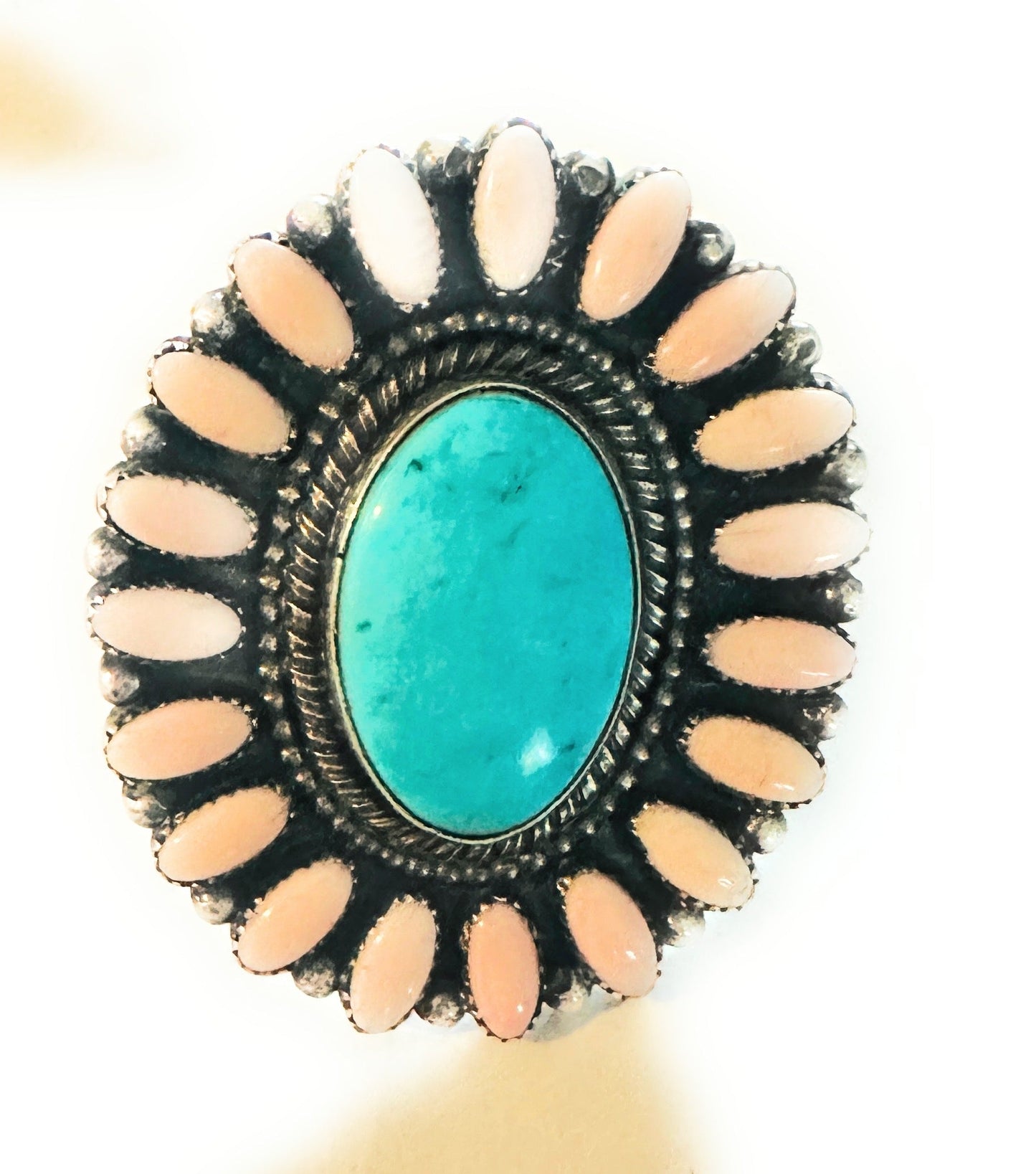 Handcrafted Sterling Silver, Queen Pink Conch & Turquoise Adjustable Cluster Ring