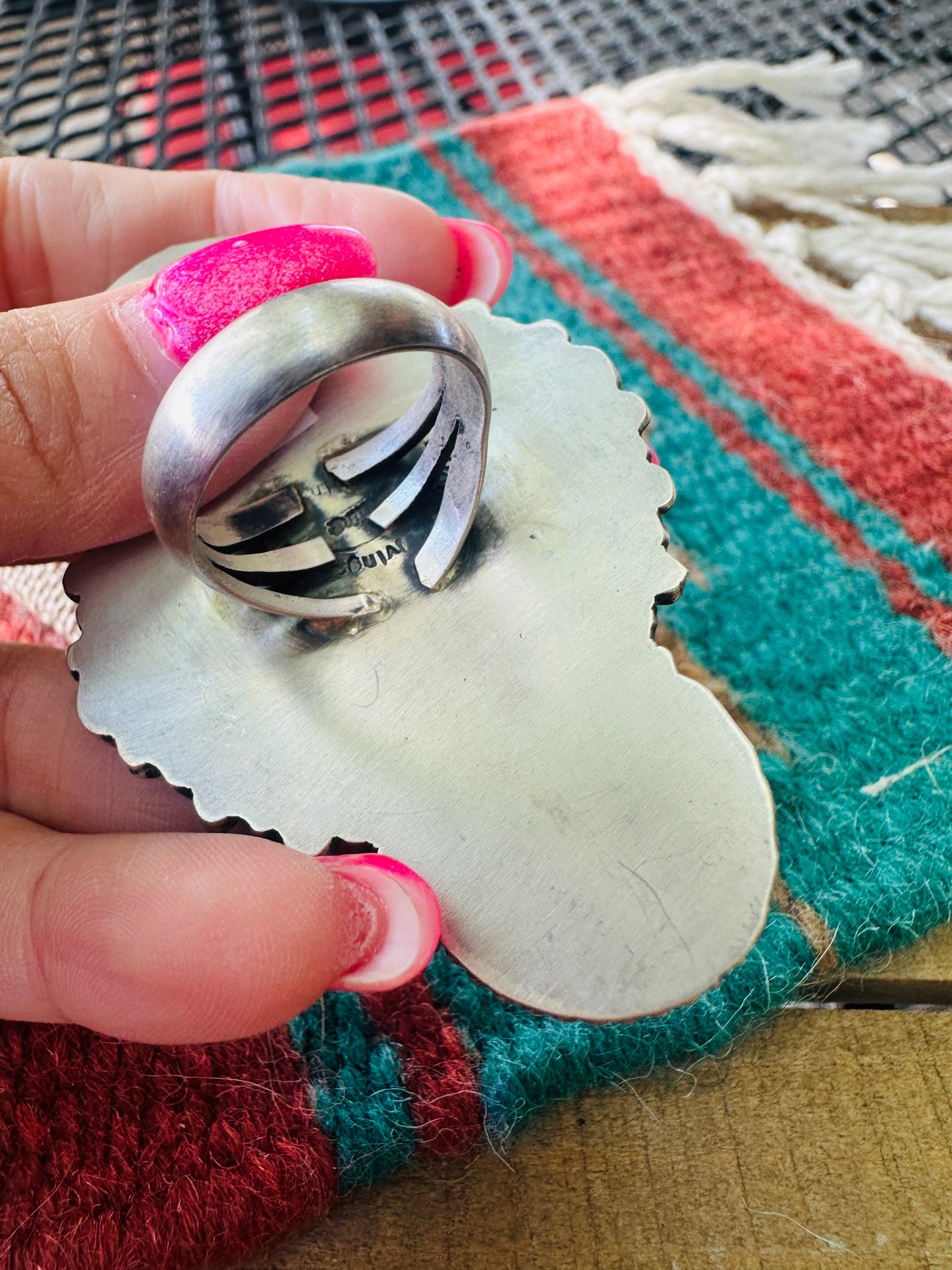 Handcrafted Sterling Silver & Coral Coin Ring Size 9