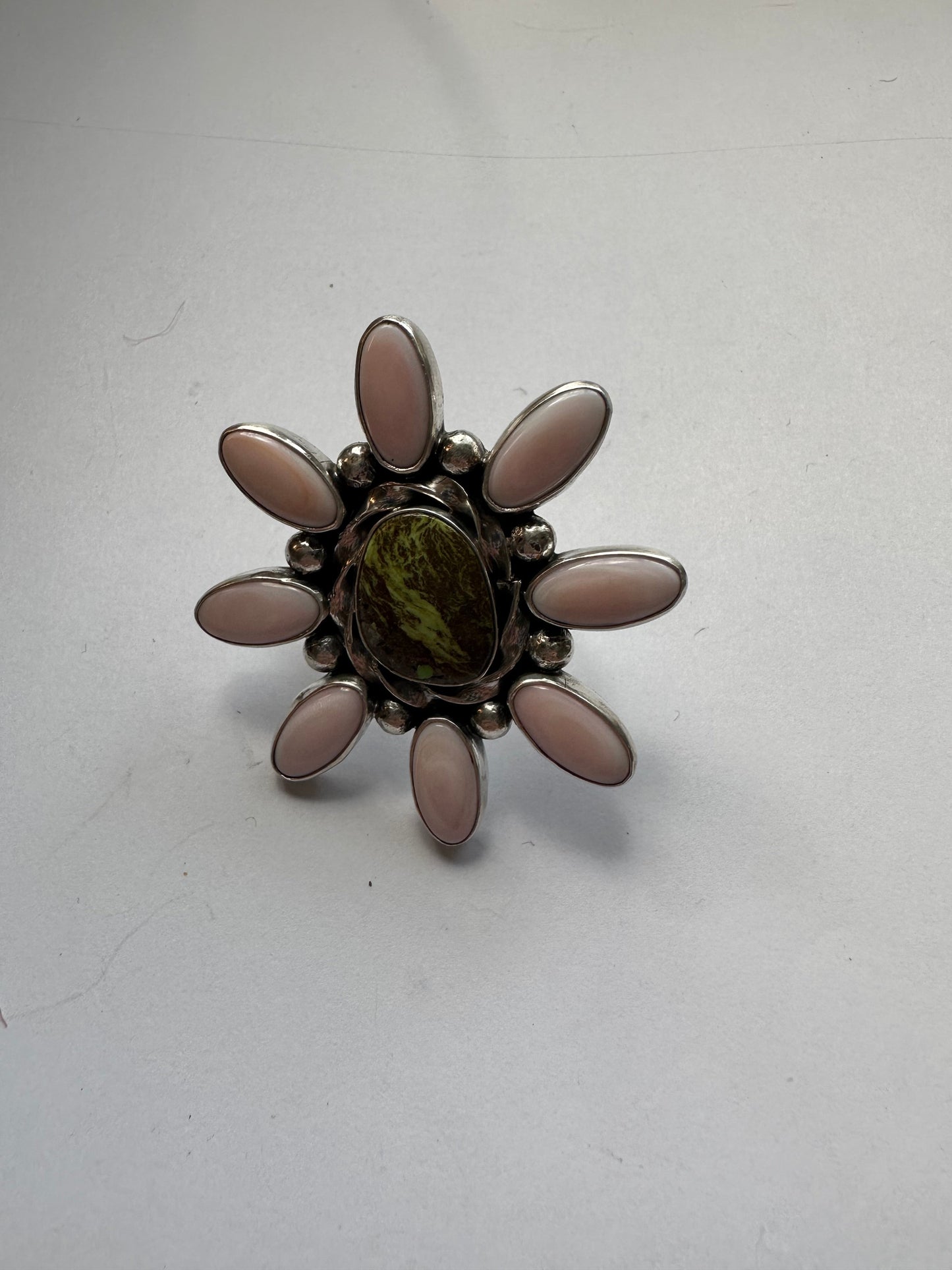 “Pink Blossom” Gorgeous Handcrafted Turquoise, Pink Conch And Sterling Silver Adjustable Flower Ring Signed