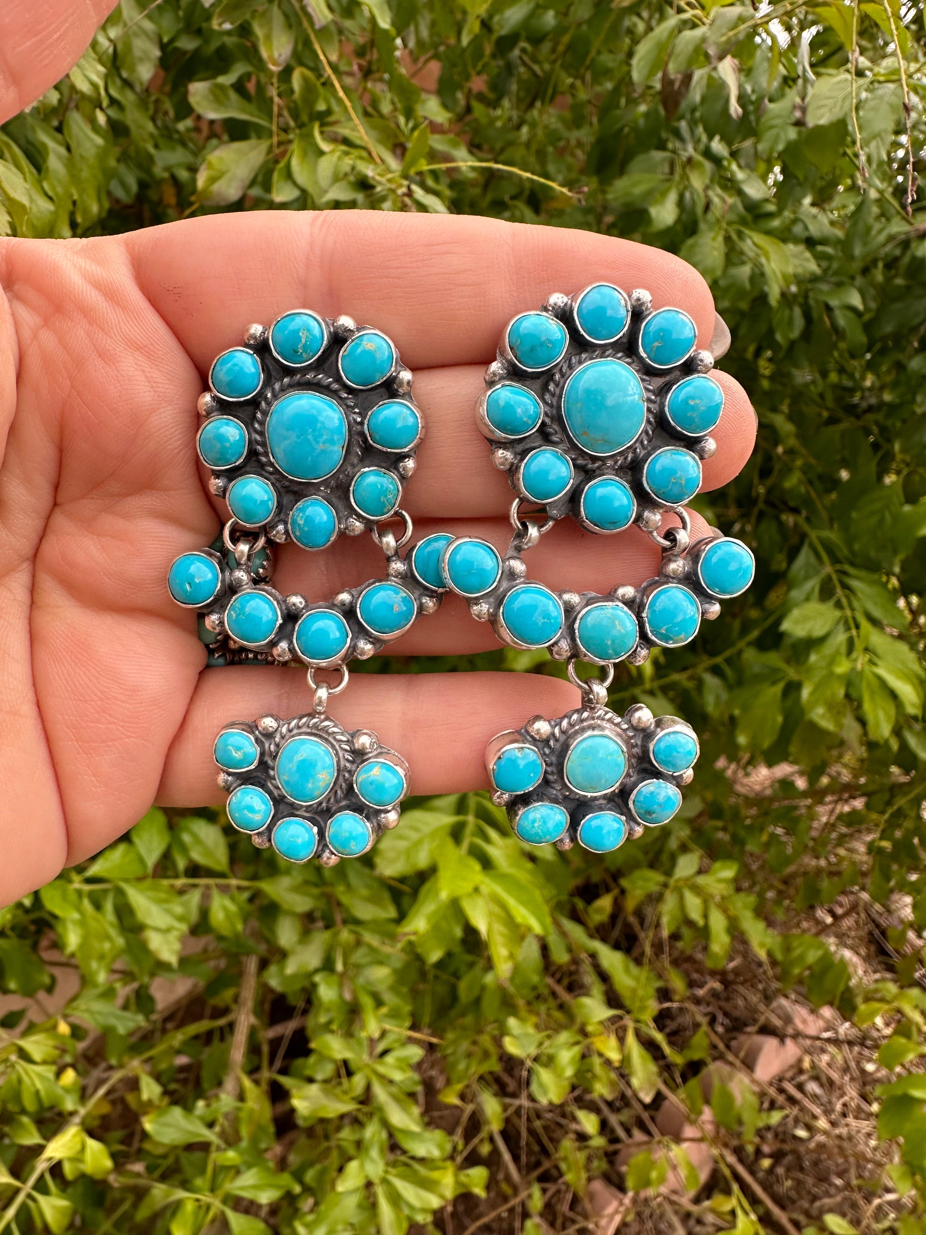 Navajo Turquoise and Sterling Silver Dangle Earrings Signed C