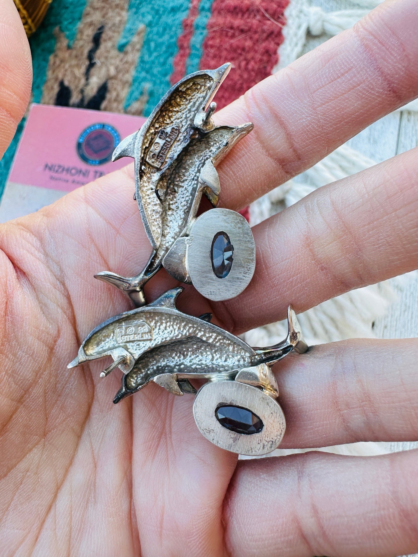 Handcrafted Old Pawn Sterling Silver and Topaz Dolphin Post Earrings