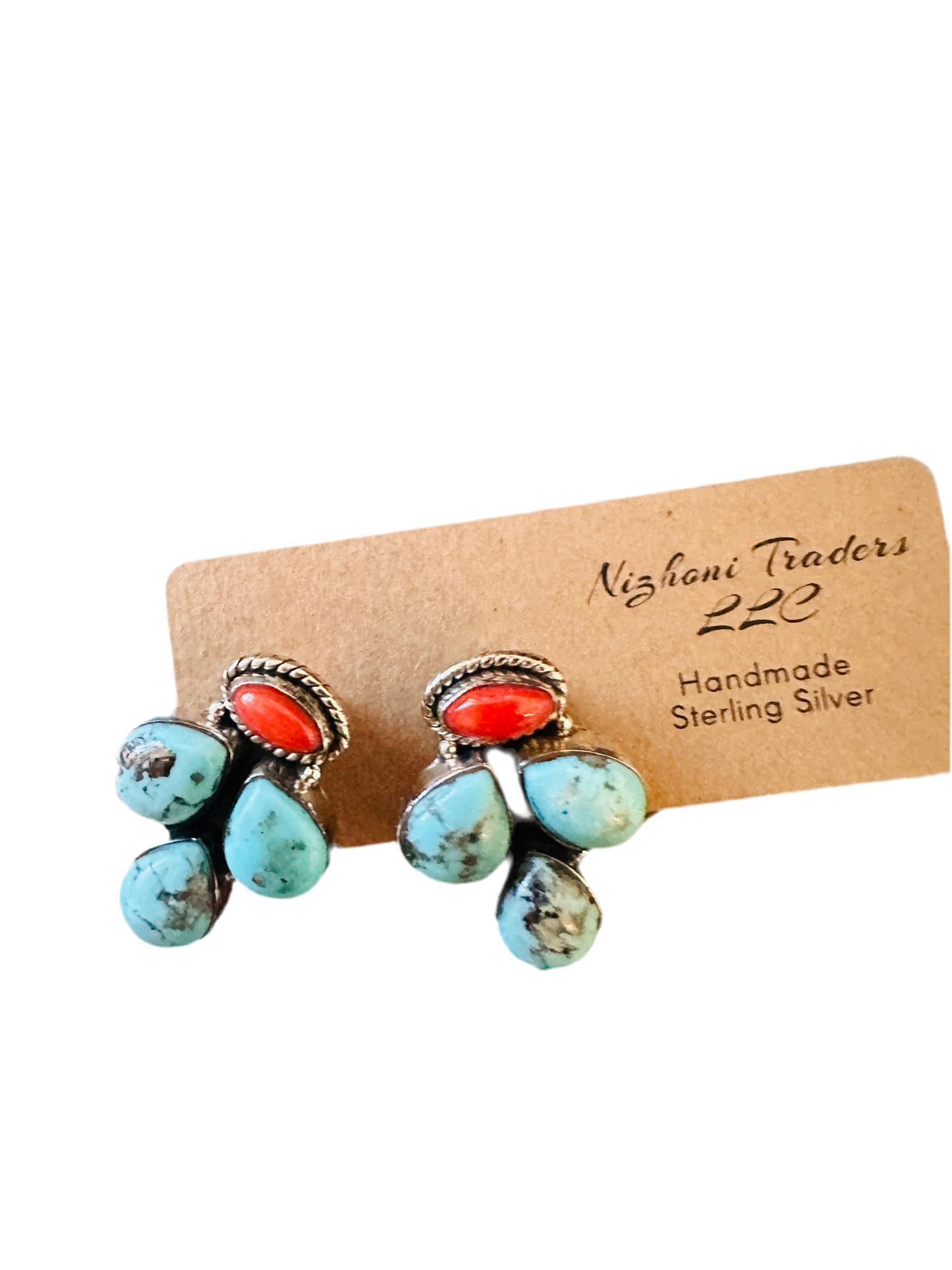 ** Christmas Collection ** Handmade Sterling Silver, Coral & Turquoise Cluster Earrings Signed Nizhoni