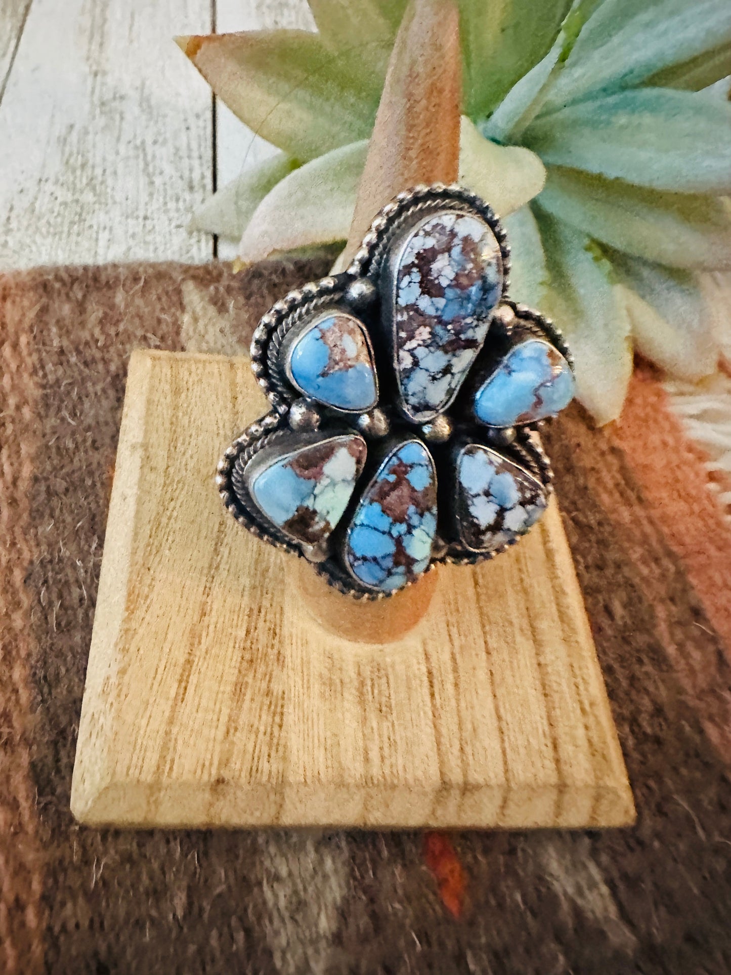 Navajo Golden Hills Turquoise & Sterling Silver Cluster Ring Size 6.5