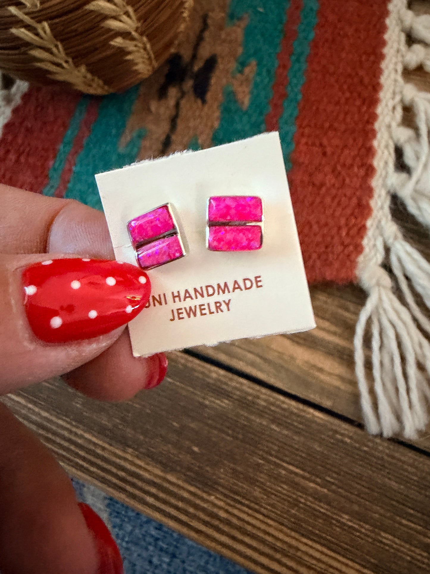 Handcrafted Sterling Silver & Pink Opal Inlay Stud Earrings