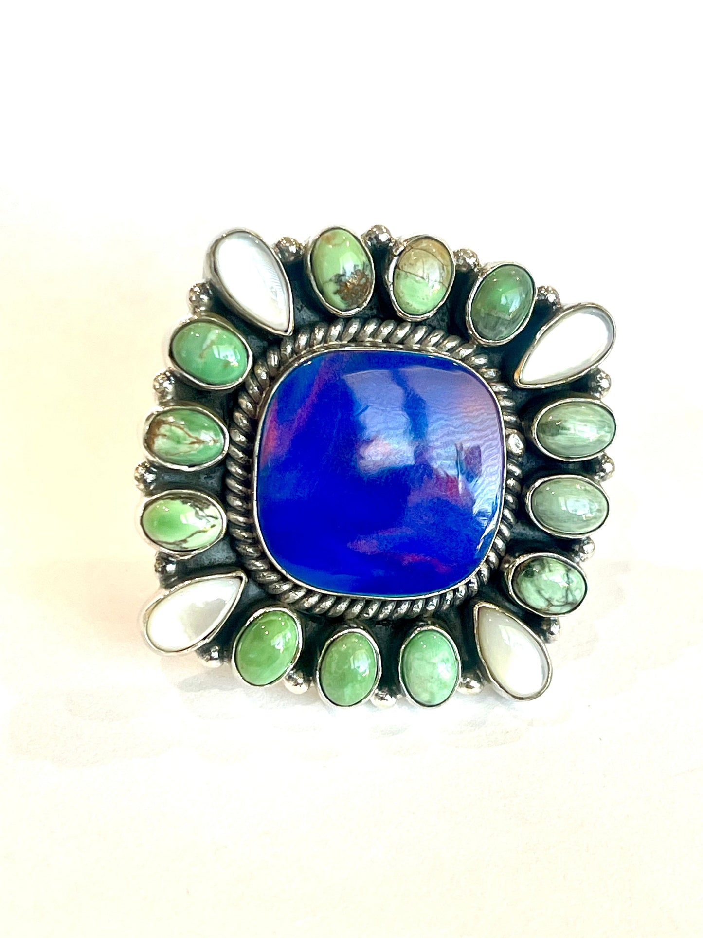 Handmade Blue Opal, Mother Of Pearl, Turquoise And Sterling Silver Adjustable Ring Signed Nizhoni