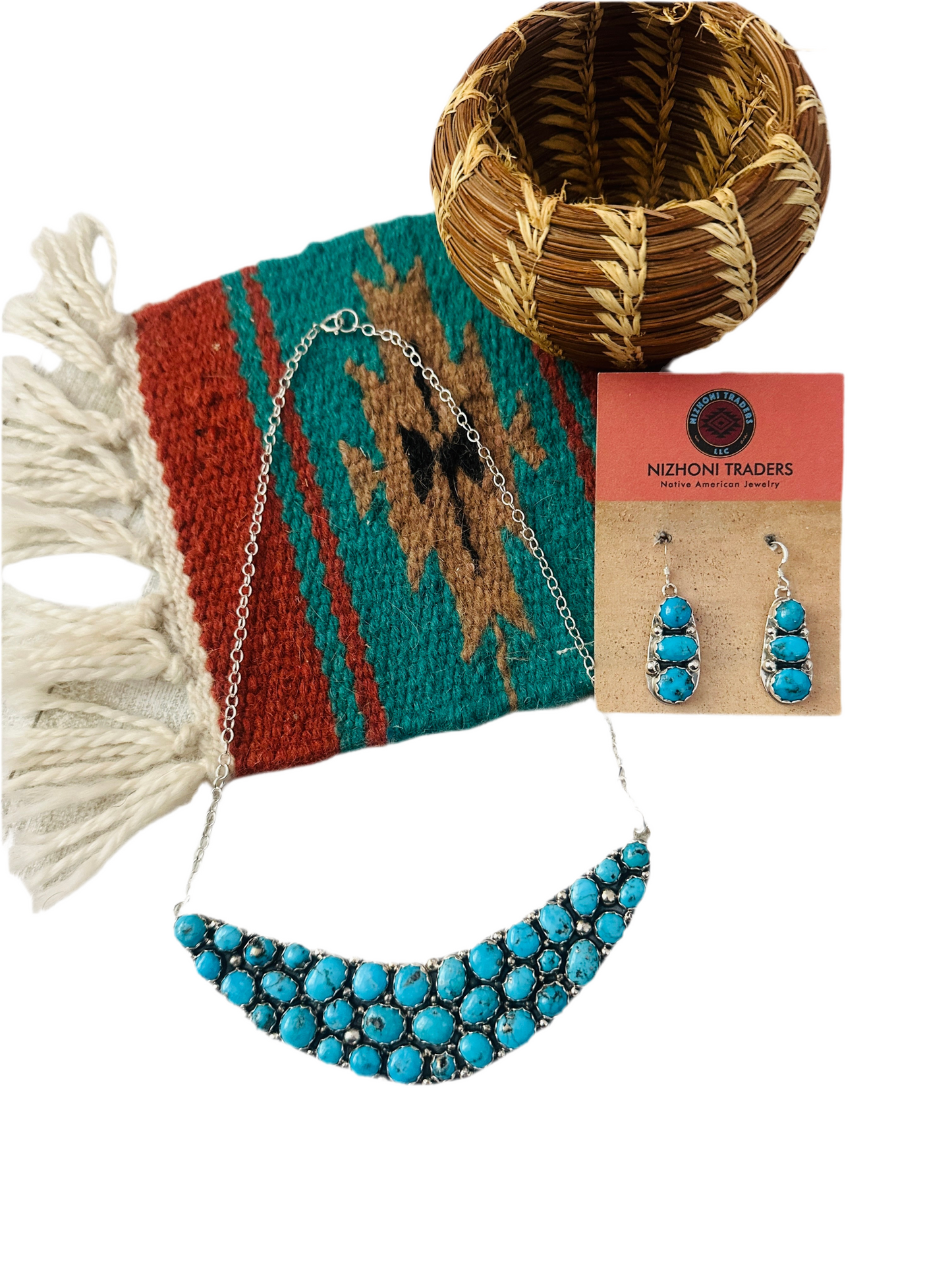 Handcrafted Sterling Silver & Turquoise Cluster Necklace and Earring Set