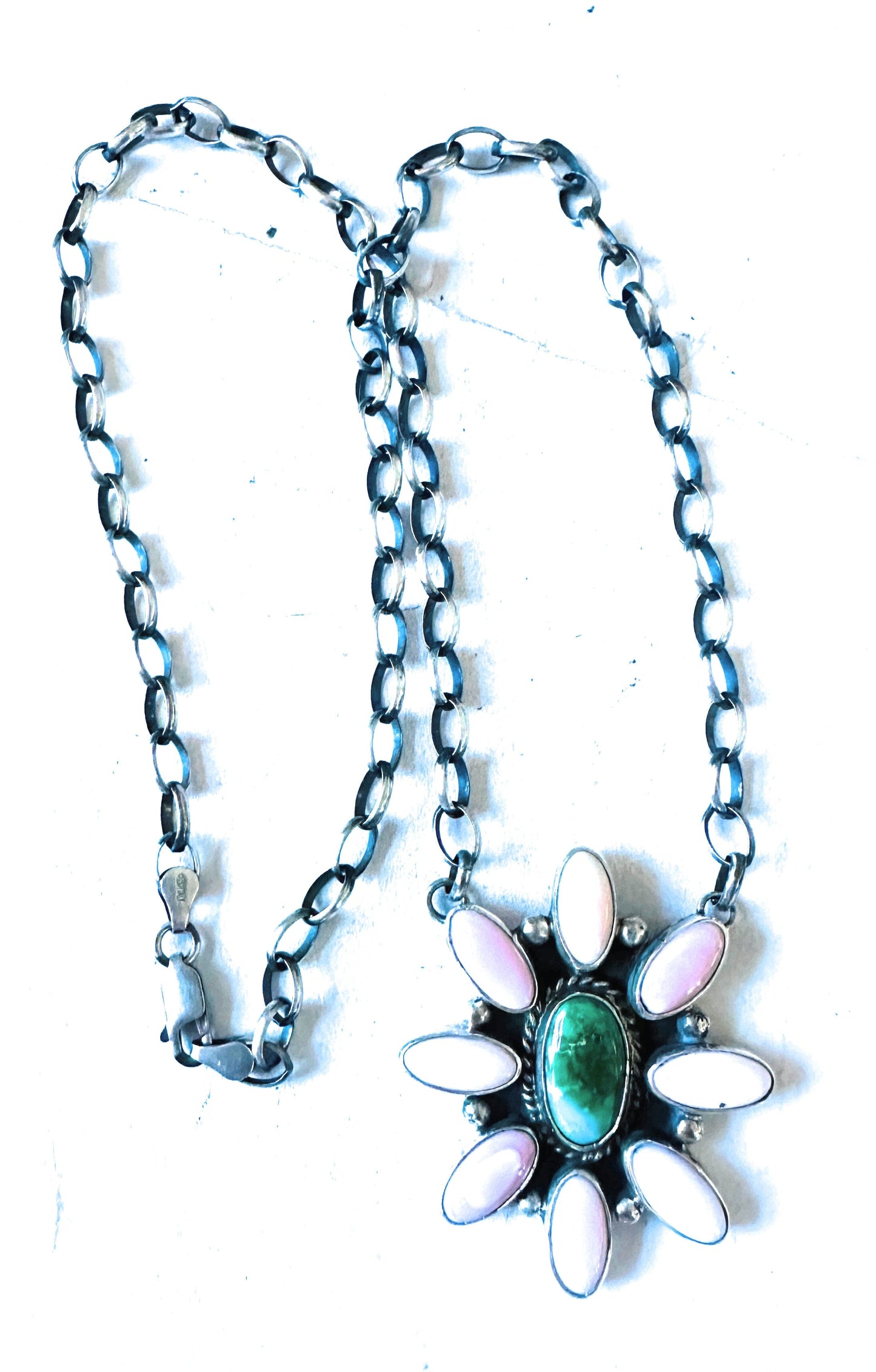 Handcrafted Sterling Silver, Queen Pink Conch Shell & Turquoise Necklace