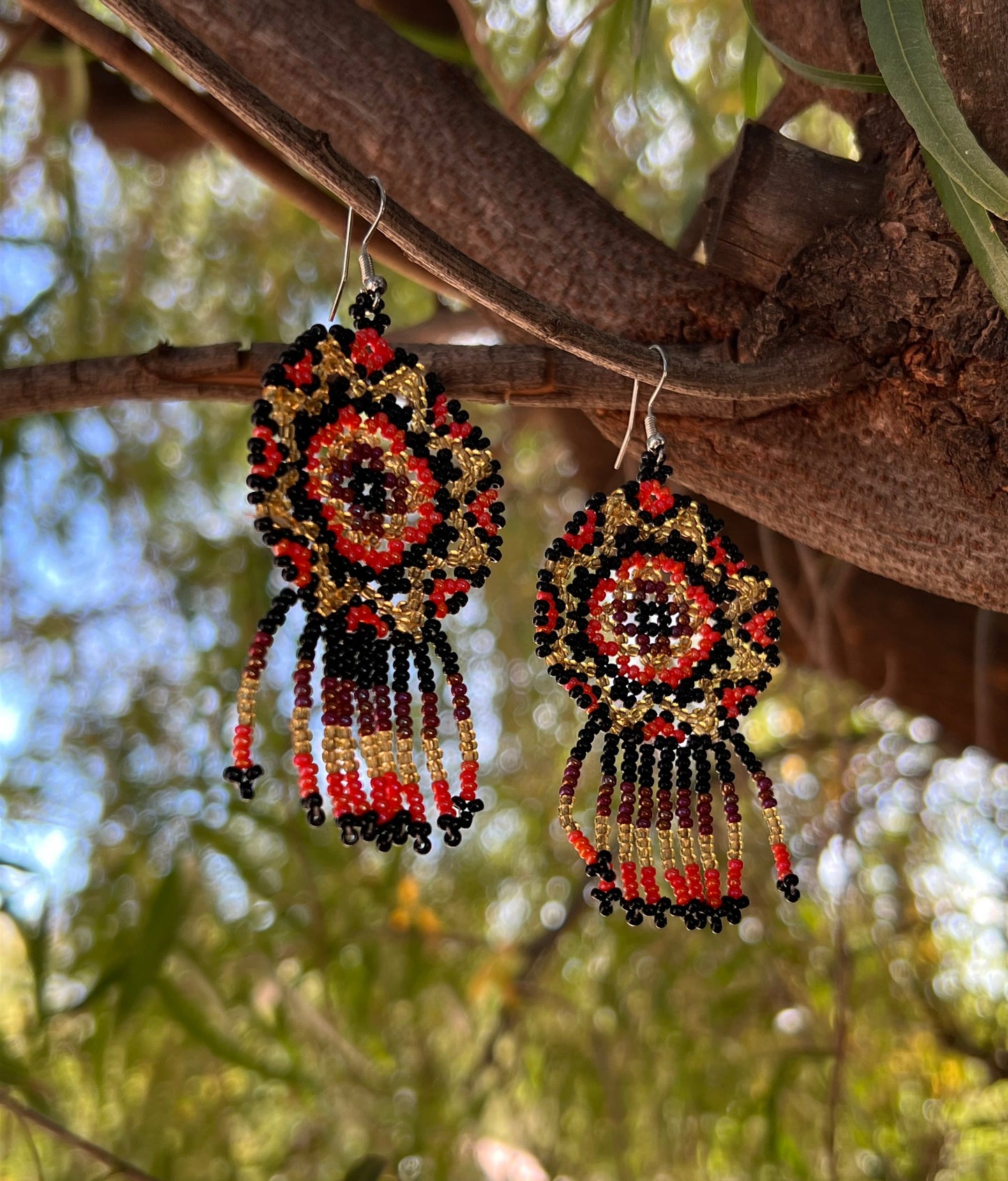Handmade MultiColor Beaded Dangle Earrings (Black, Orange, & Gold)