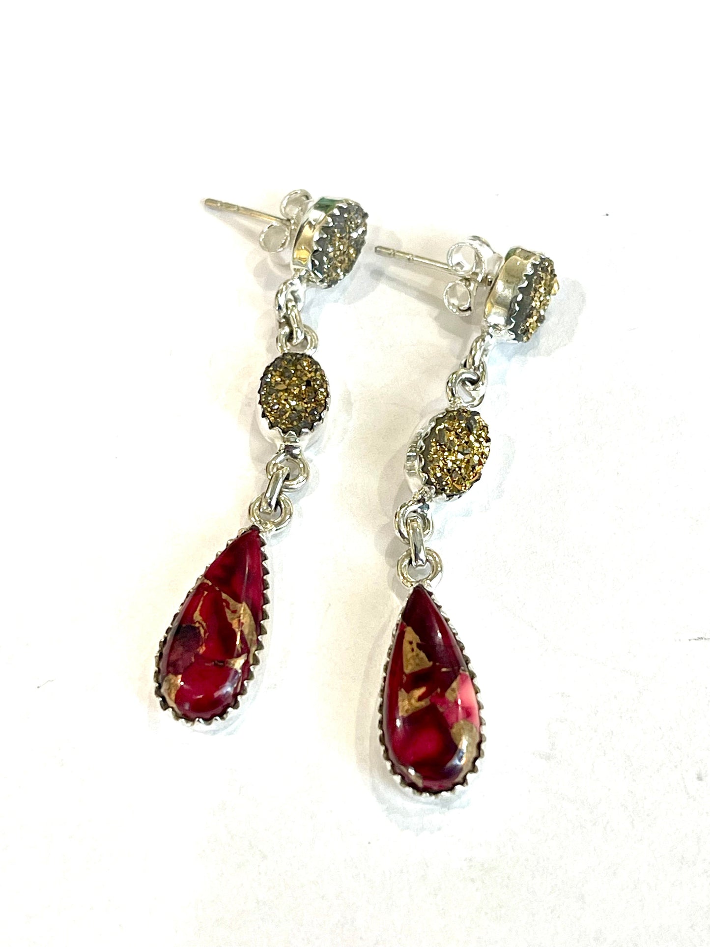 Handmade Sterling Silver Dahlia Rose & Druzy Dangle Earrings