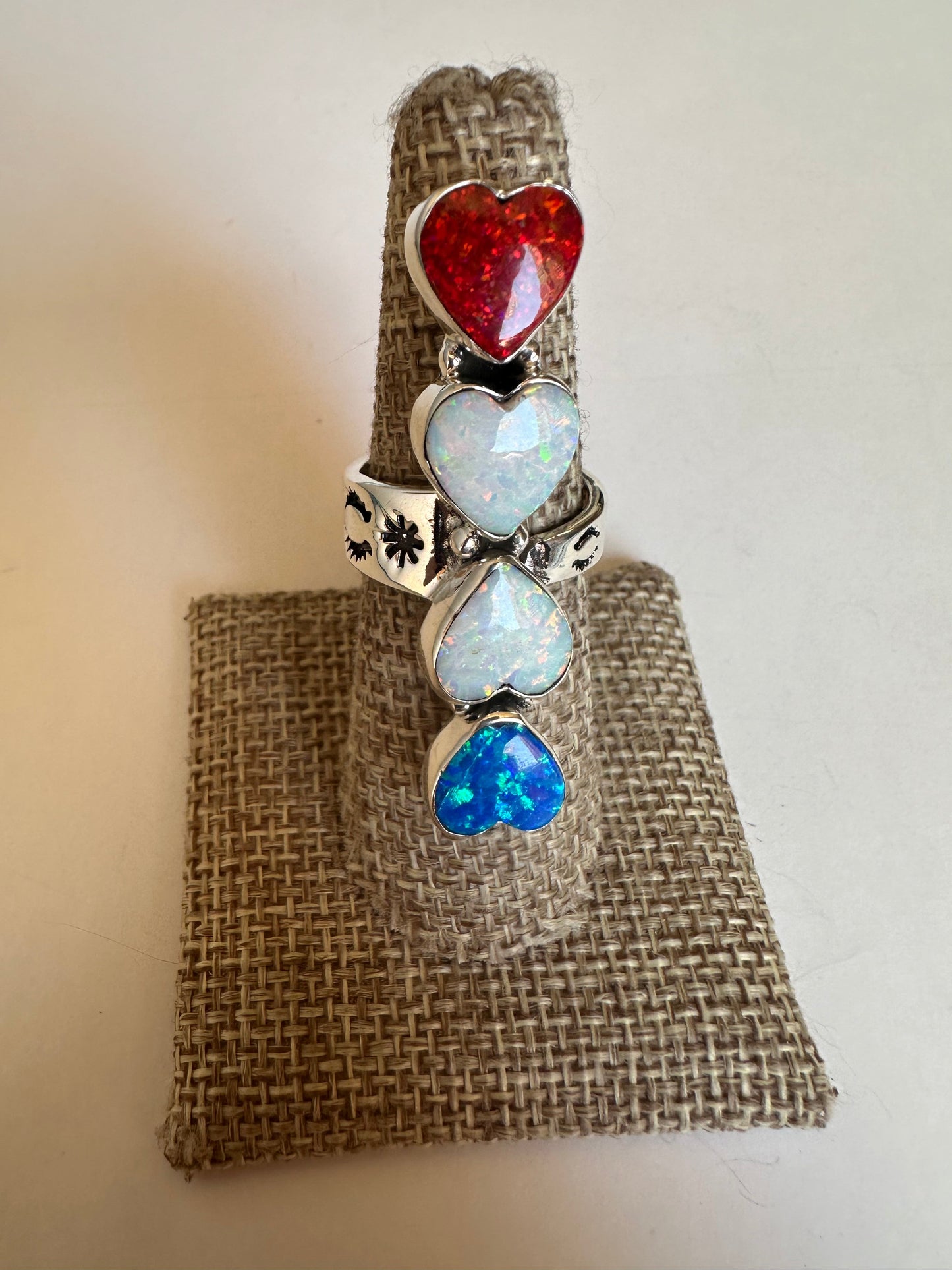 4TH OF JULY COLLECTION Handmade Red, White & Blue Fire Opal Heart & Sterling Silver Adjustable Ring Signed Nizhoni