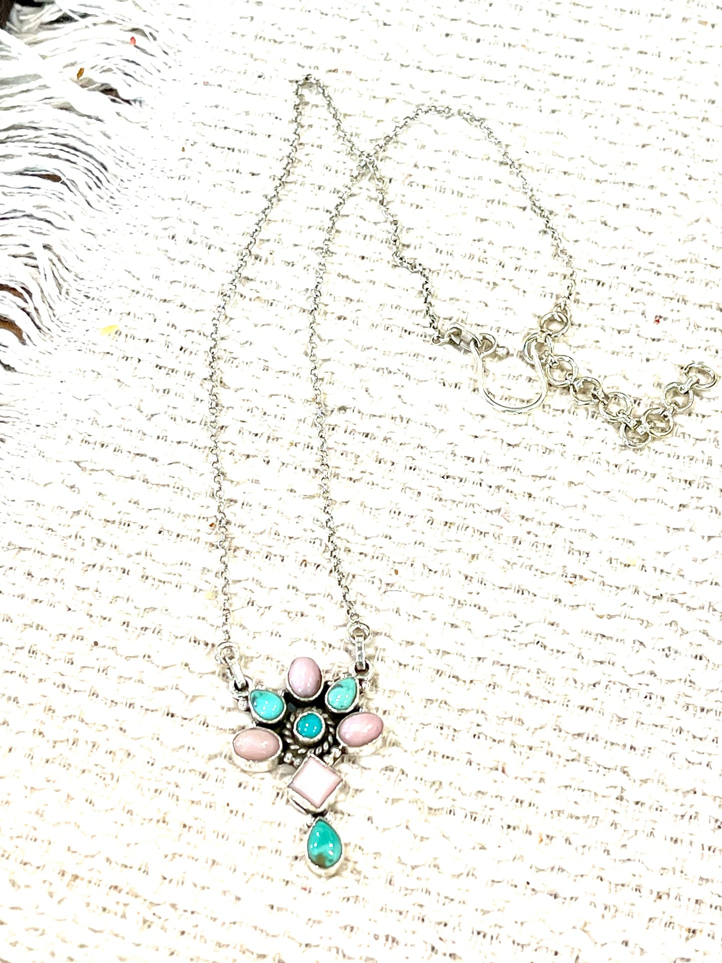 Handcrafted Sterling Silver, Turquoise & Pink Conch Cluster Necklace