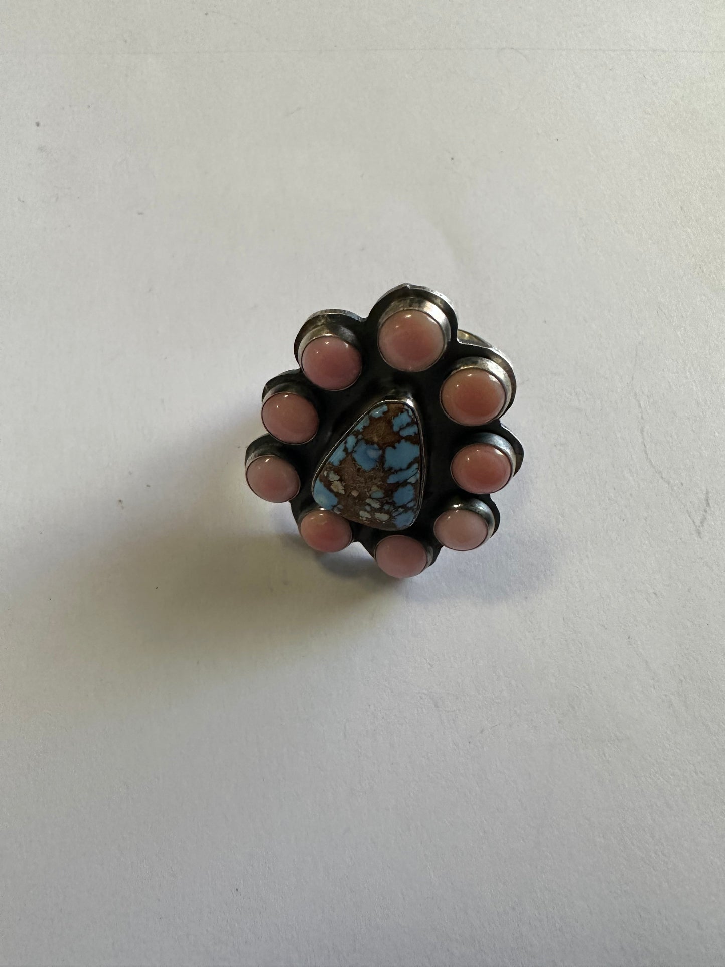 Handcrafted Golden Hills Turquoise, Pink Conch, and Sterling Silver Adjustable Ring