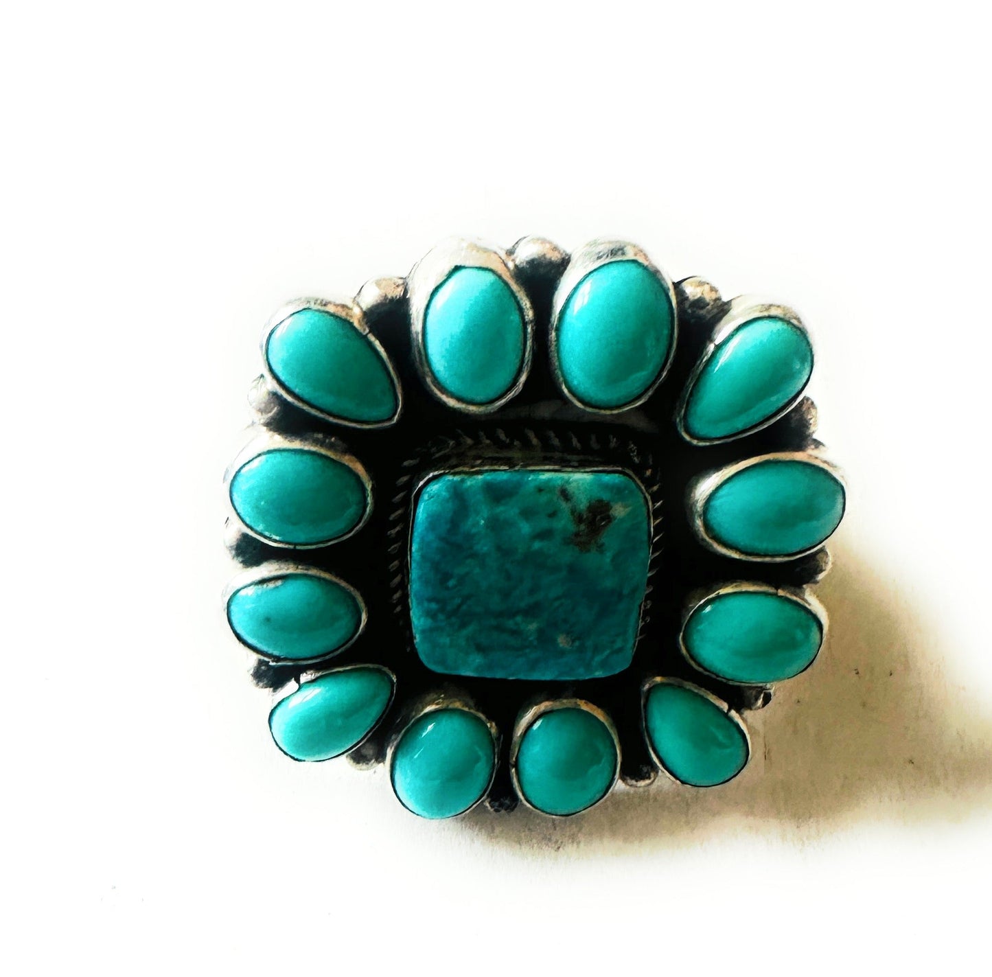 Handcrafted Turquoise & Sterling Silver Cluster Ring Size 7.5