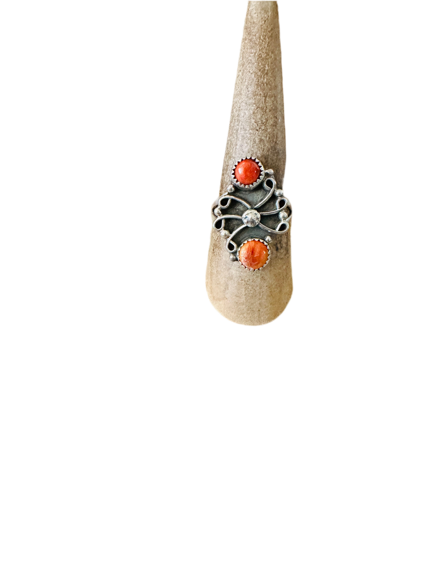 Handcrafted Sterling Silver & Red Spiny Two Stone Ring Size 7