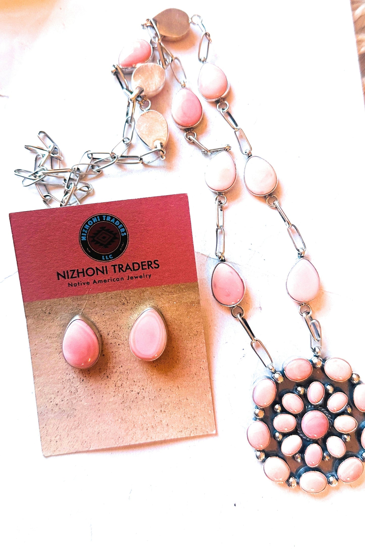 Handcrafted Queen Pink Conch & Sterling Silver Cluster Necklace Set