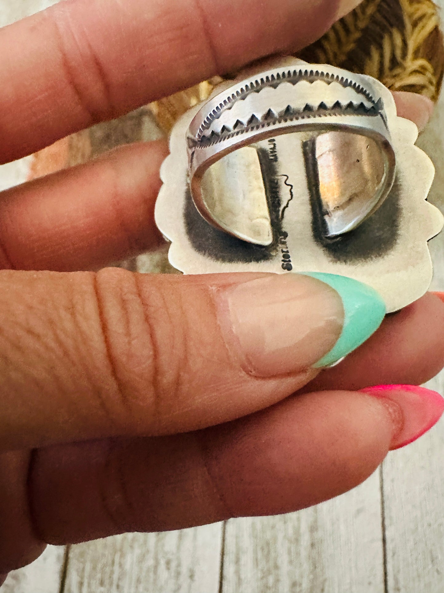 Handcrafted Birdseye Kingman Turquoise & Sterling Silver Flower Ring by Calvin Martinez, Size 9