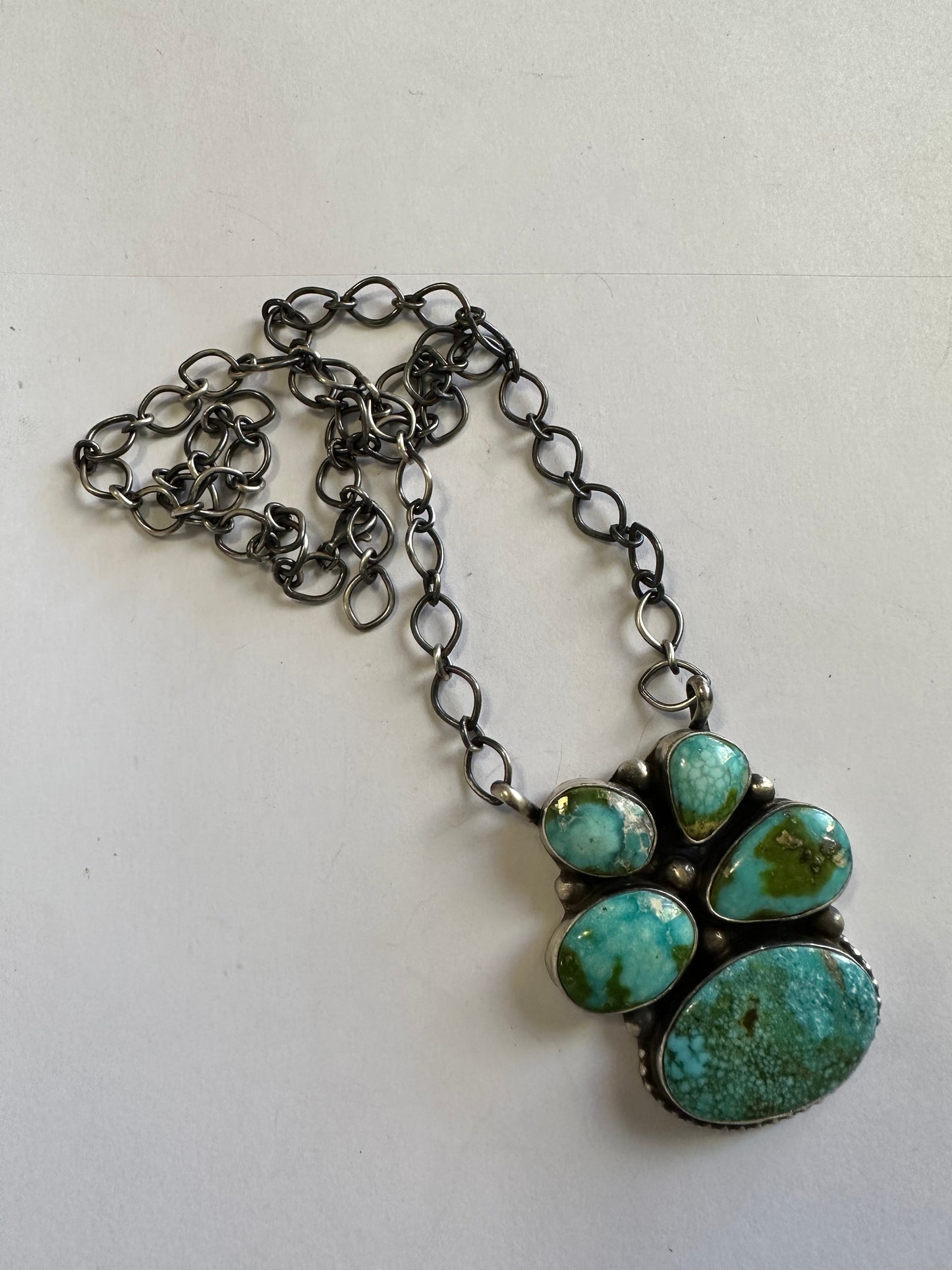Beautiful Handcrafted Sterling Silver Sonoran Mountain Turquoise Cluster Necklace Signed Kathleen