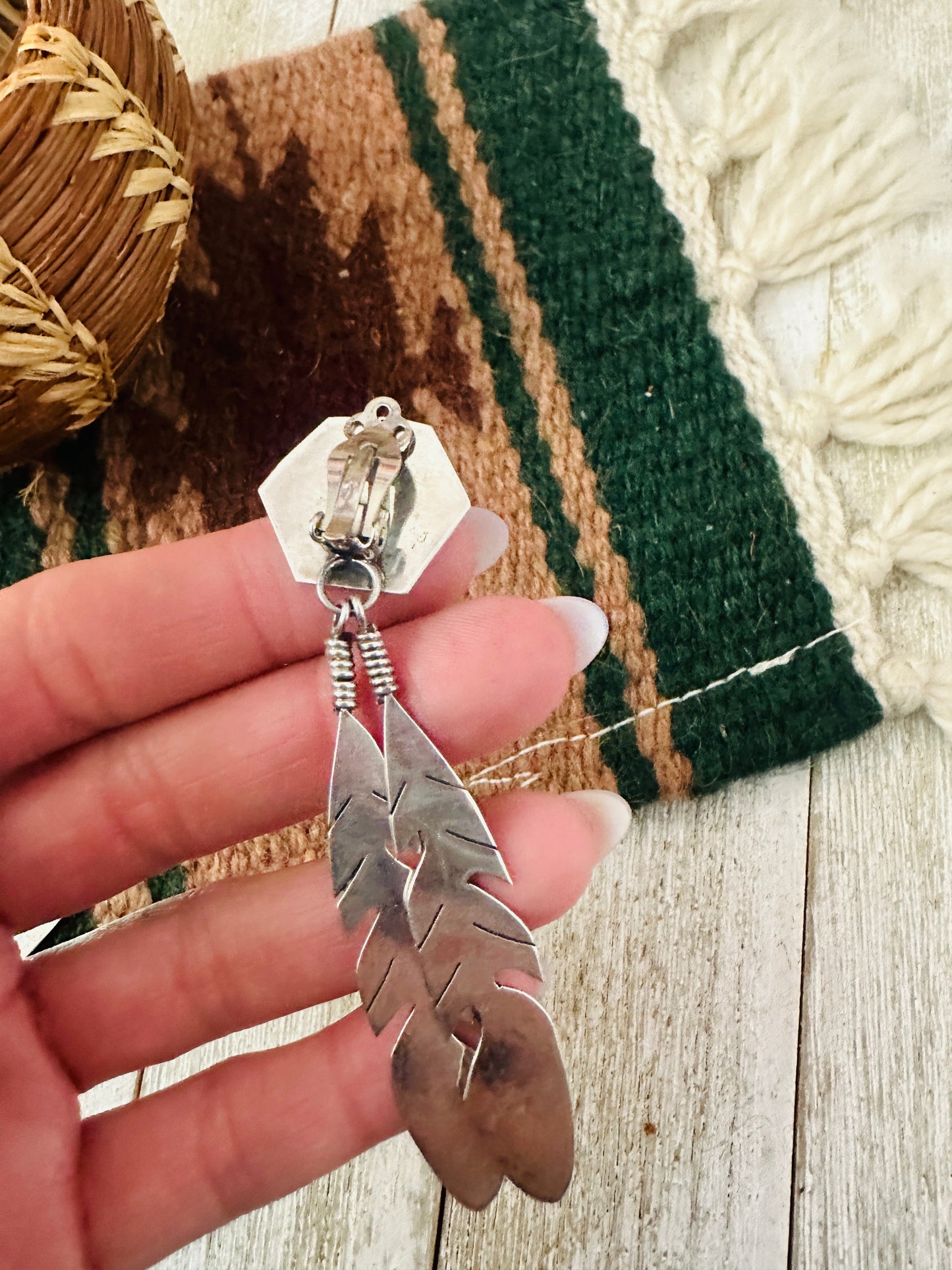Handcrafted Old Pawn Sterling Silver, Turquoise & Onyx Feather Clip On Dangle Earrings