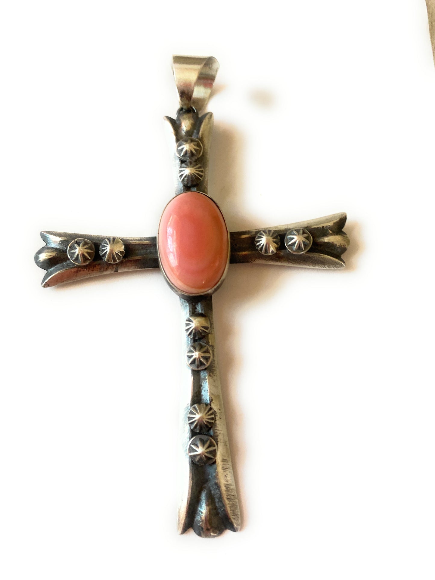 Handcrafted Queen Pink Conch Shell & Sterling Silver Cross Pendant By Chimney Butte
