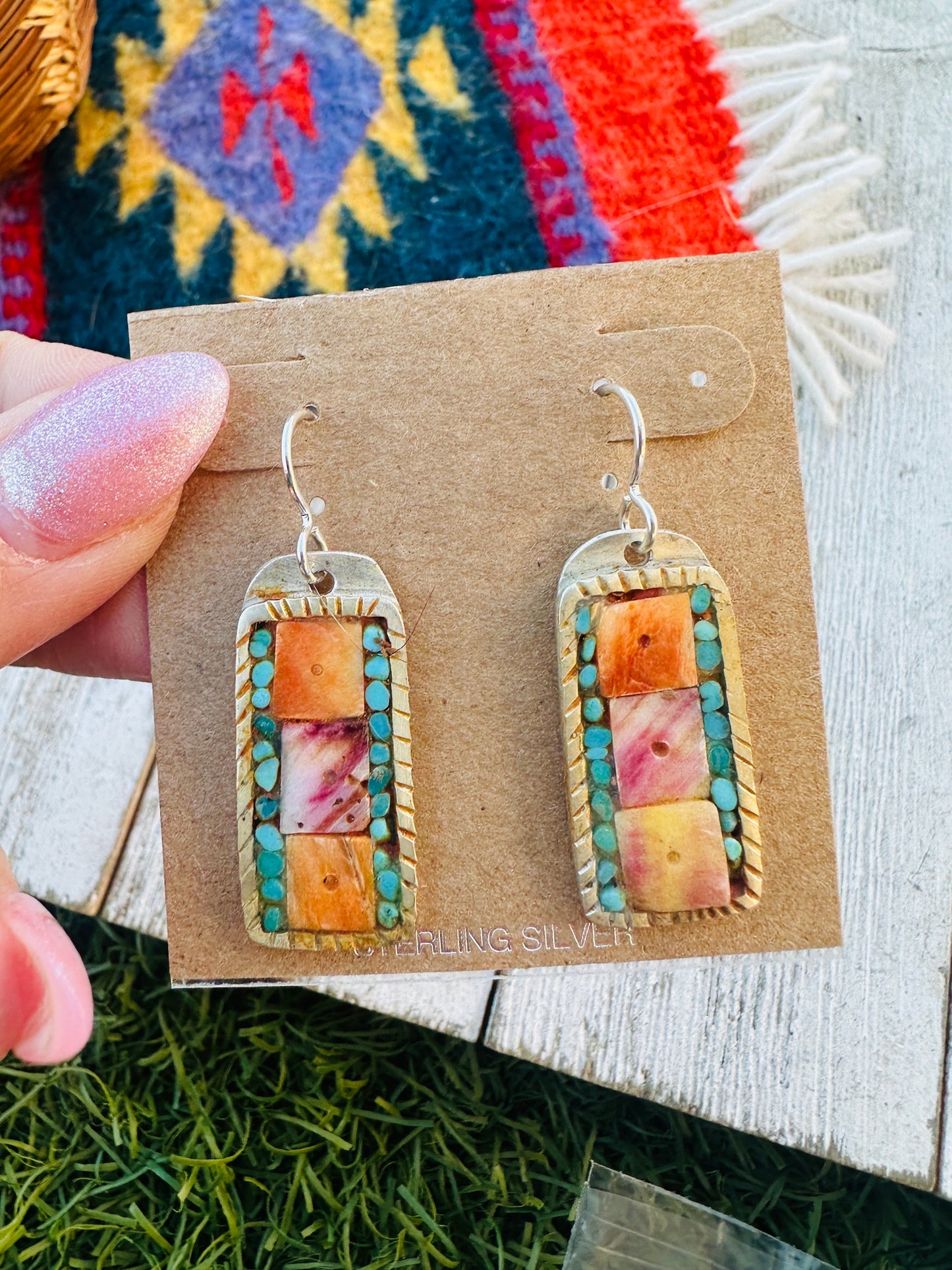 Handcrafted Spiny, Turquoise & Sterling Silver Inlay Dangle Earrings