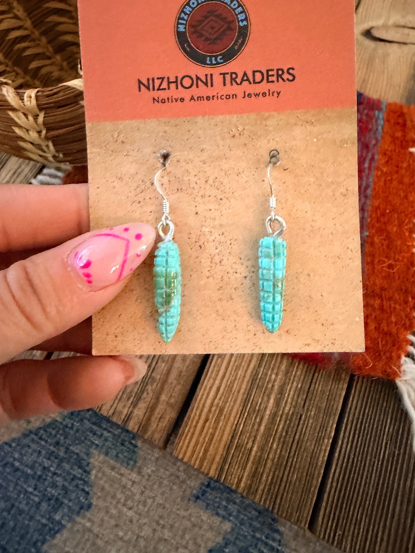 Hand Carved Turquoise Corn Dangle Earrings by Daniel Aguilar