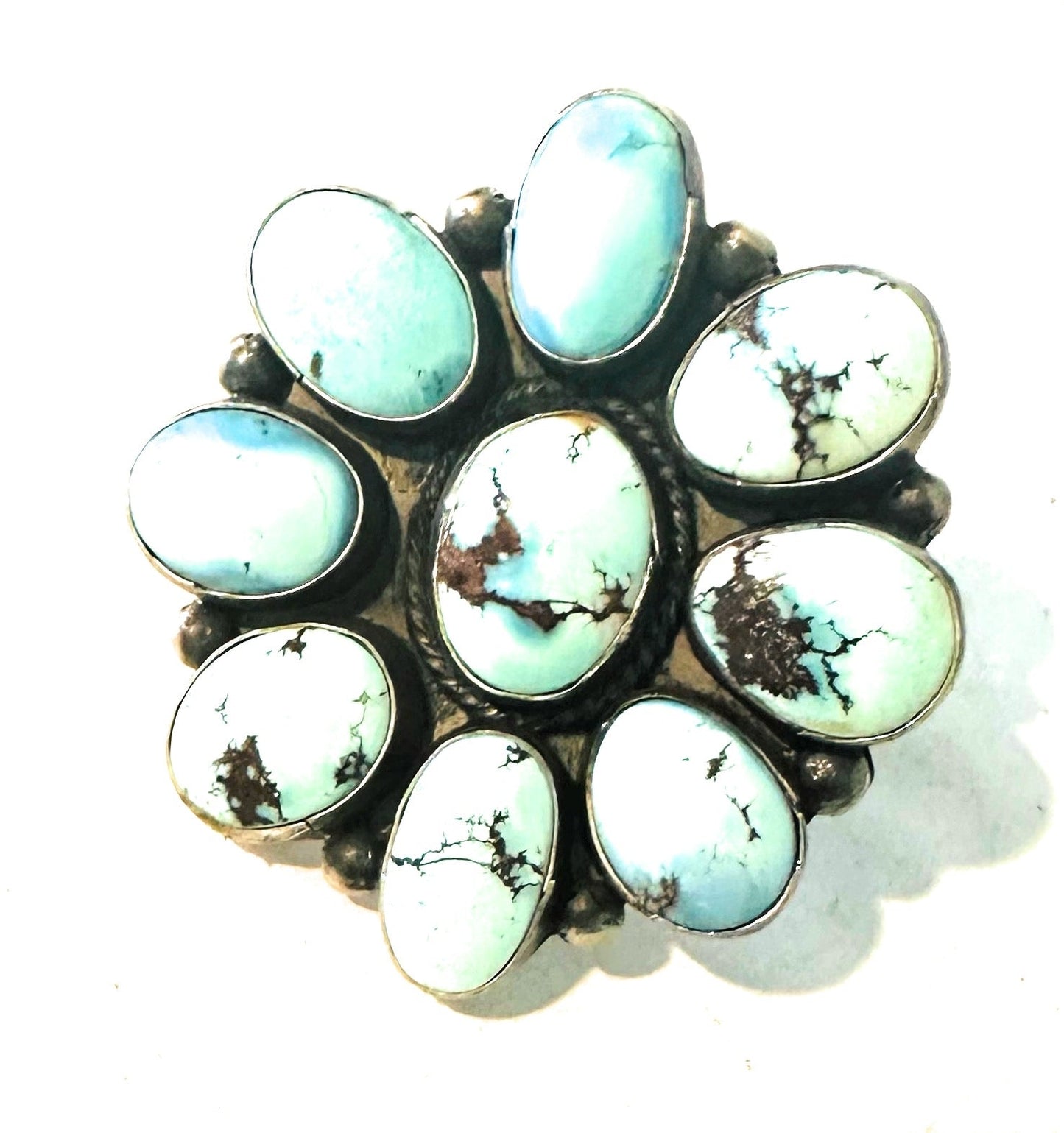 Handcrafted Golden Hills Turquoise & Sterling Silver Cluster Ring Size 9