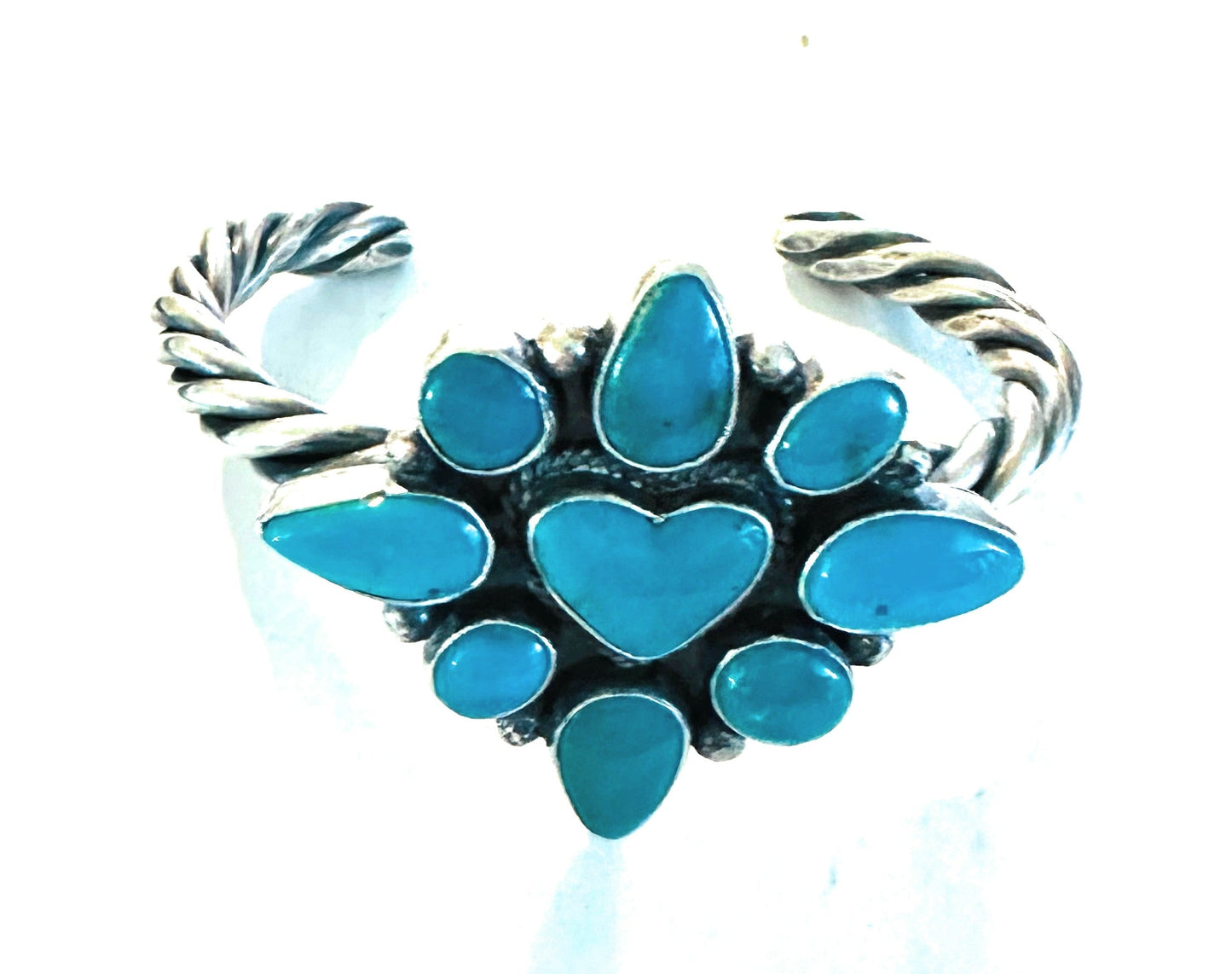 Handcrafted Kingman Turquoise & Sterling Silver Heart Cuff Bracelet /