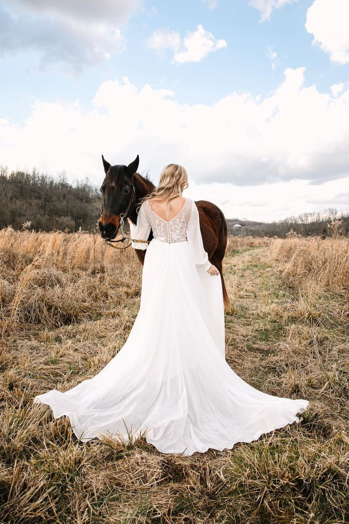 The Claire Gown – Nude Lace Western Wedding Dress with V-Neckline