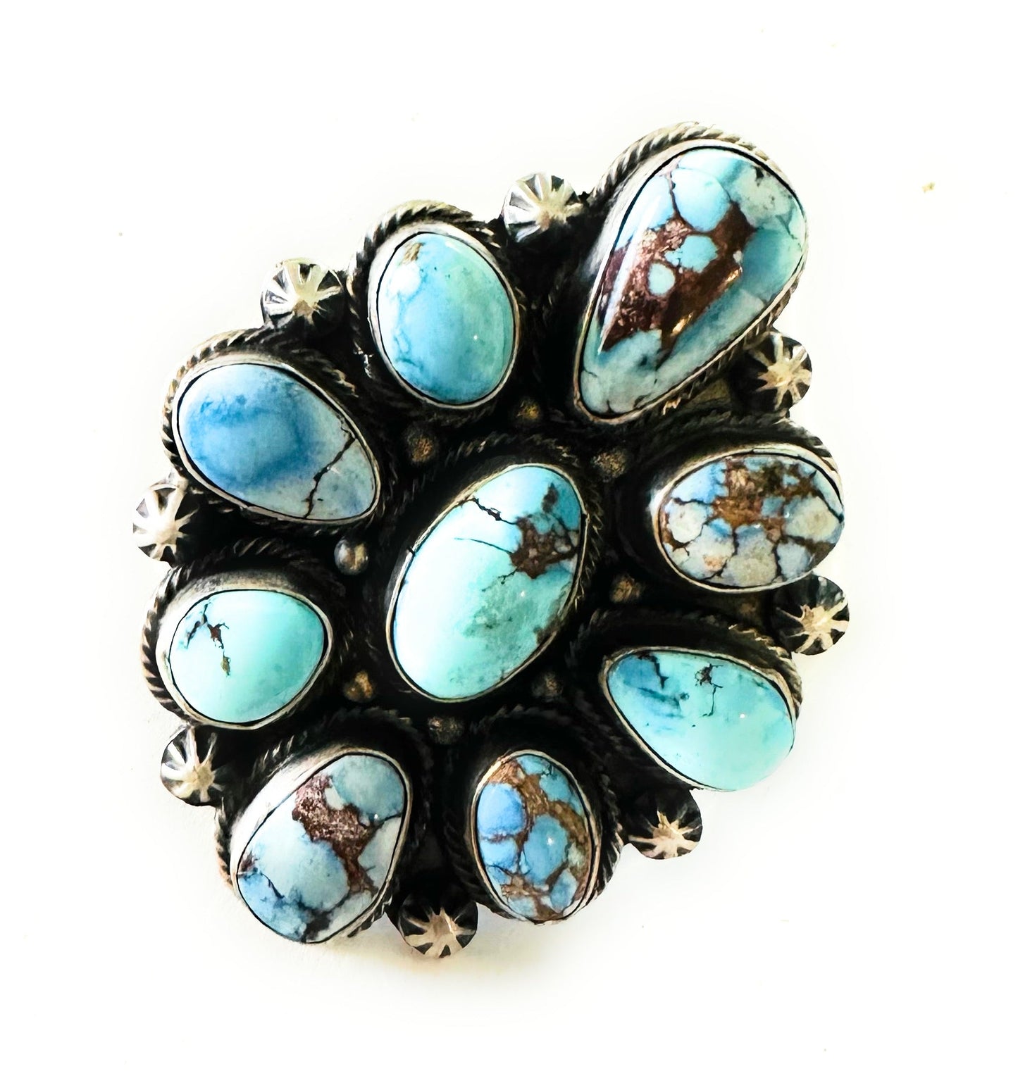 Handcrafted Golden Hills Turquoise & Sterling Silver Cluster Ring Size 8.5