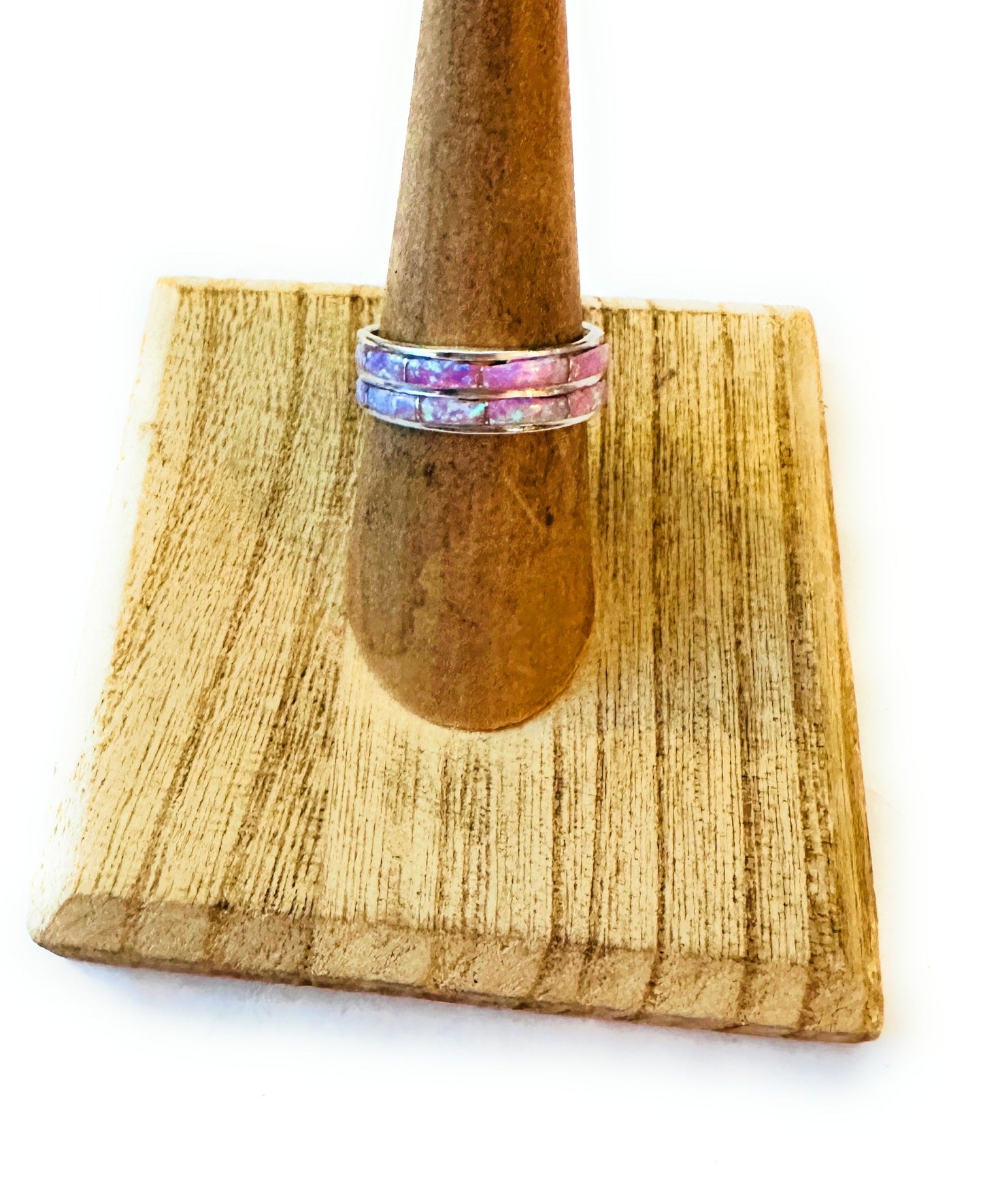 Handcrafted Light Pink Double Opal & Sterling Silver Inlay Band Ring
