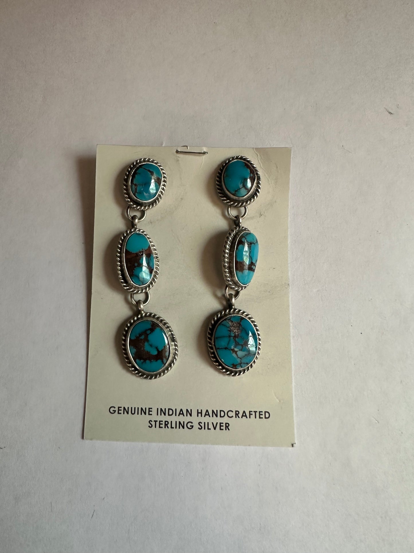 Handcrafted Turquoise & Sterling Silver 3 Stone Dangle Earrings Signed Marcella James