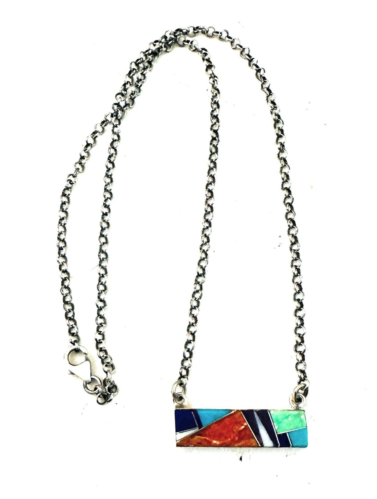 Handcrafted Multi Stone & Sterling Silver Inlay Bar Necklace