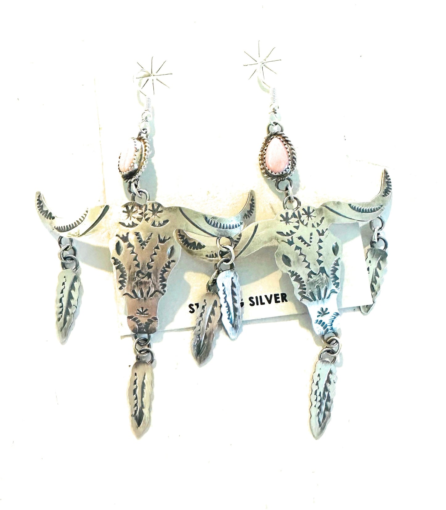 Handcrafted Queen Pink Conch & Sterling Silver Bull Head Dangle Earrings