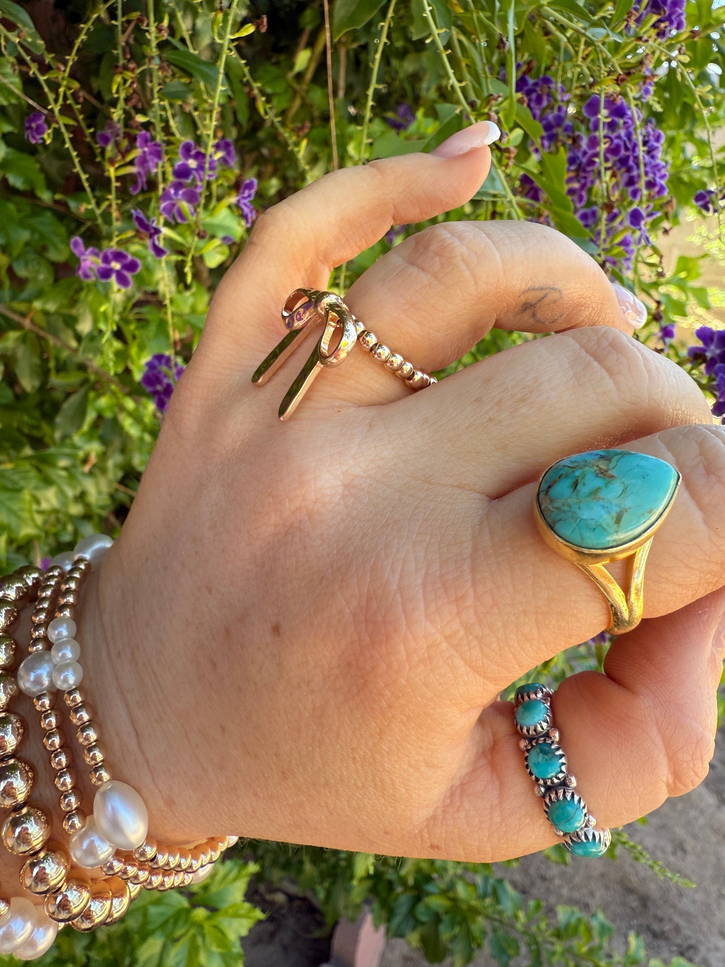 “The Golden Collection” THE BOW Handmade Gold Plated Beaded Stretch Ring
