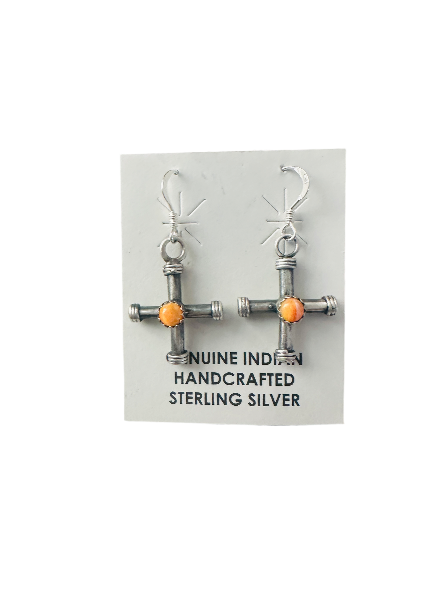 Handcrafted Sterling Silver & Orange Spiny Cross Dangle Earrings