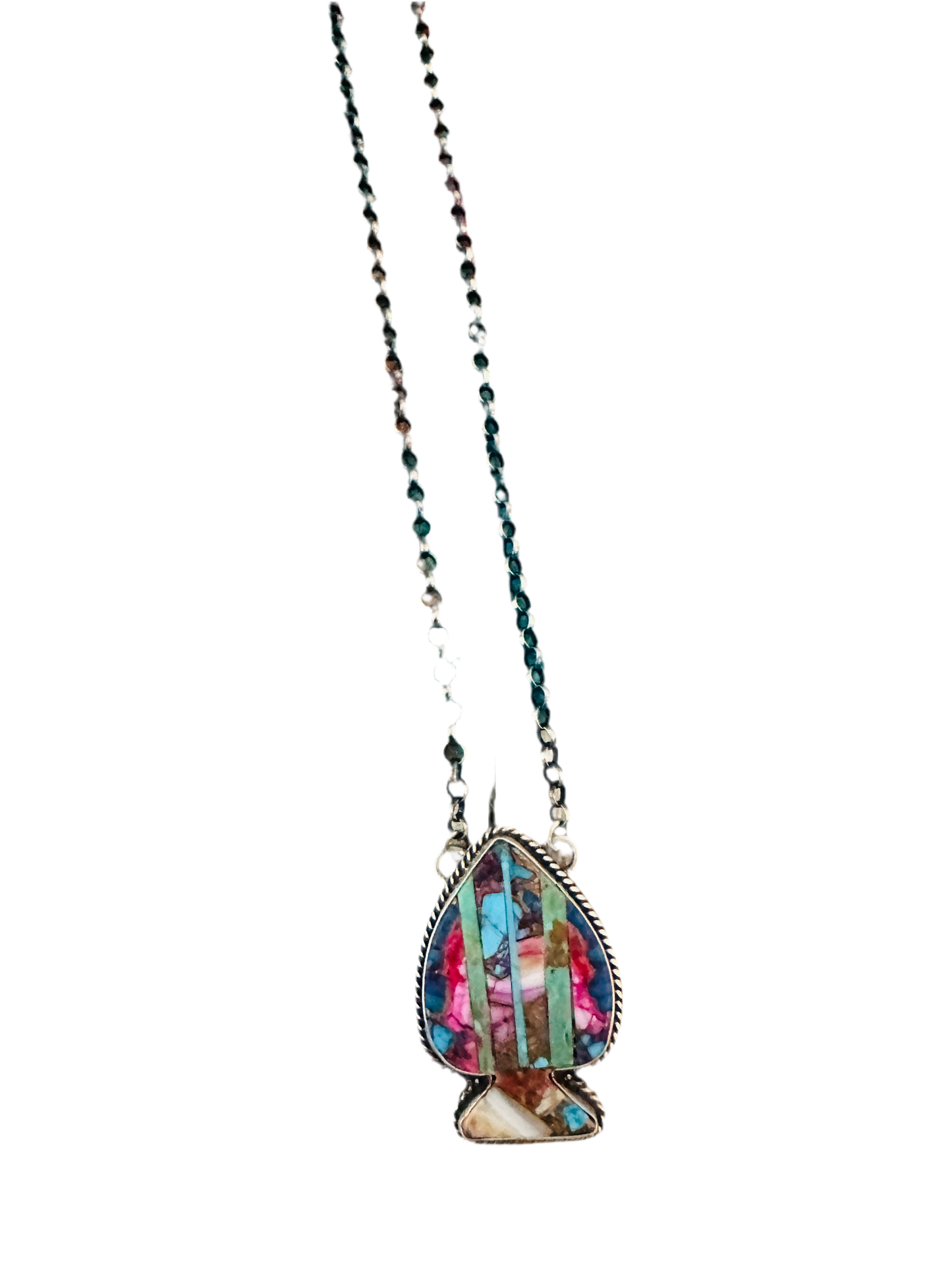 Handcrafted Sterling Silver & Multi Stone Inlay Spade Necklace