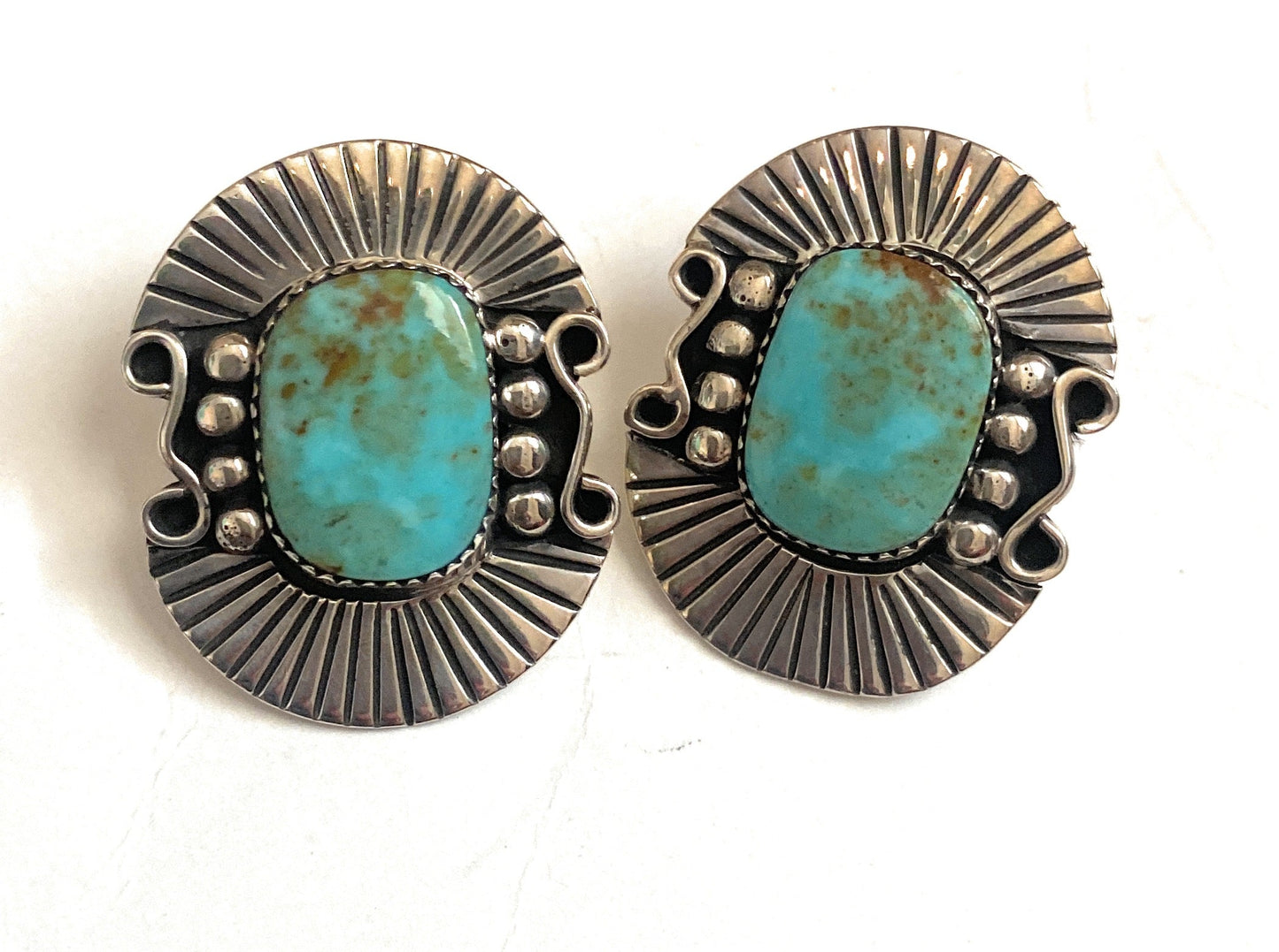 Handcrafted Sterling Silver & Royston Turquoise Post Earrings Signed