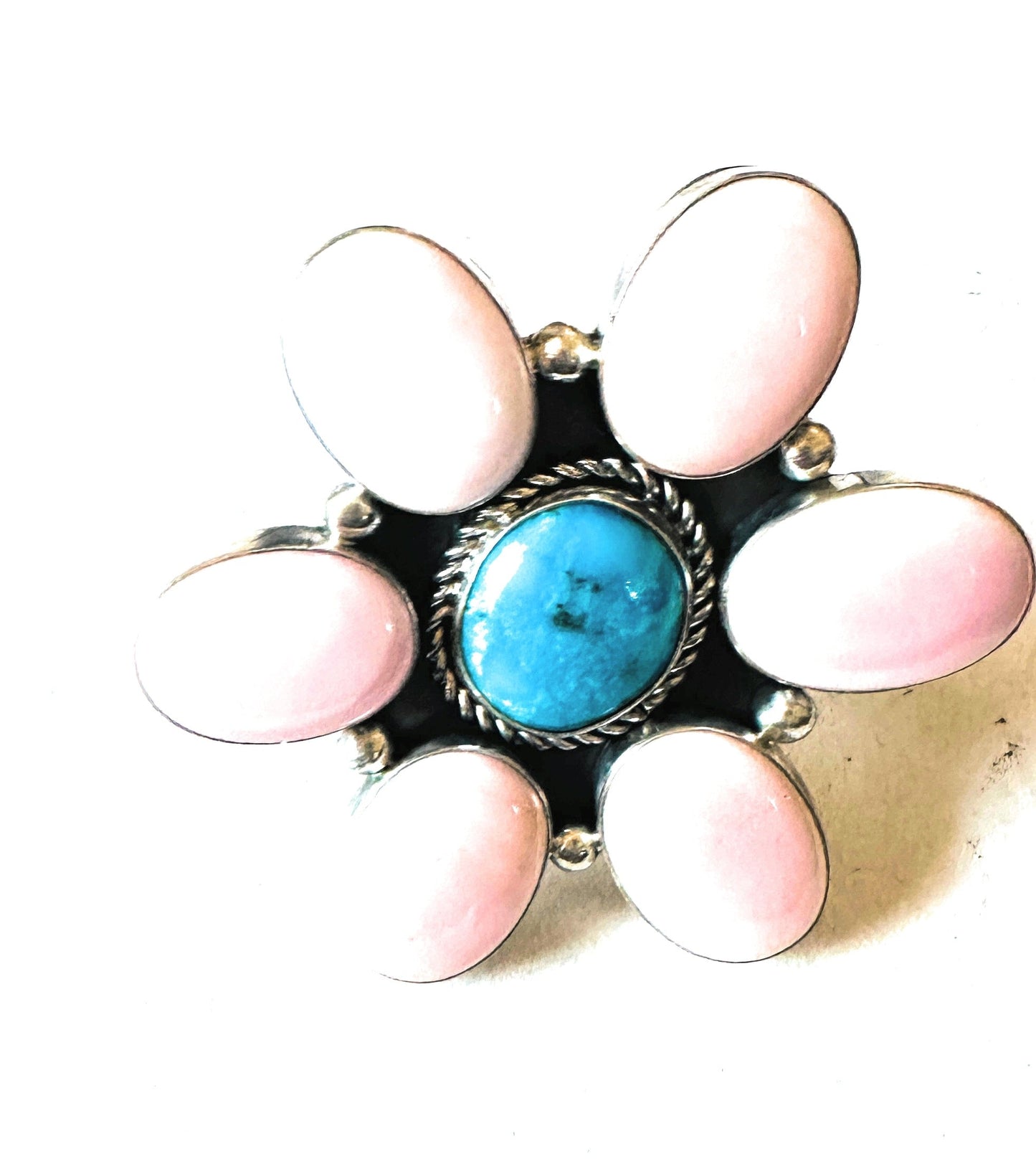 Handcrafted Sterling Silver, Queen Pink Conch & Turquoise Adjustable Flower Ring